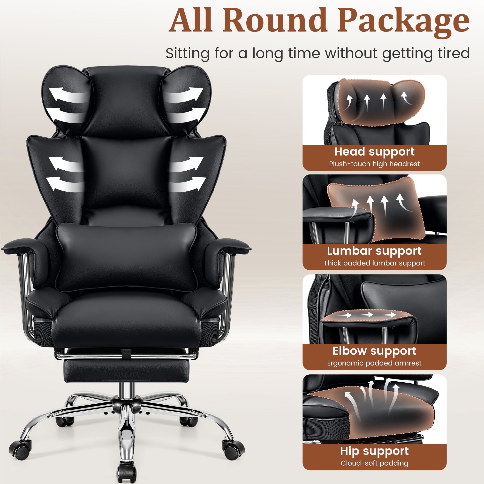 COOLHUT Big and Tall Office Chair 500LBS Wide Seat Ergonomic Computer Desk Chair, PU Leather Executive Office Chair with Footrest, Adjustable Task Chair Lumbar Back Support 8 Hour, Black