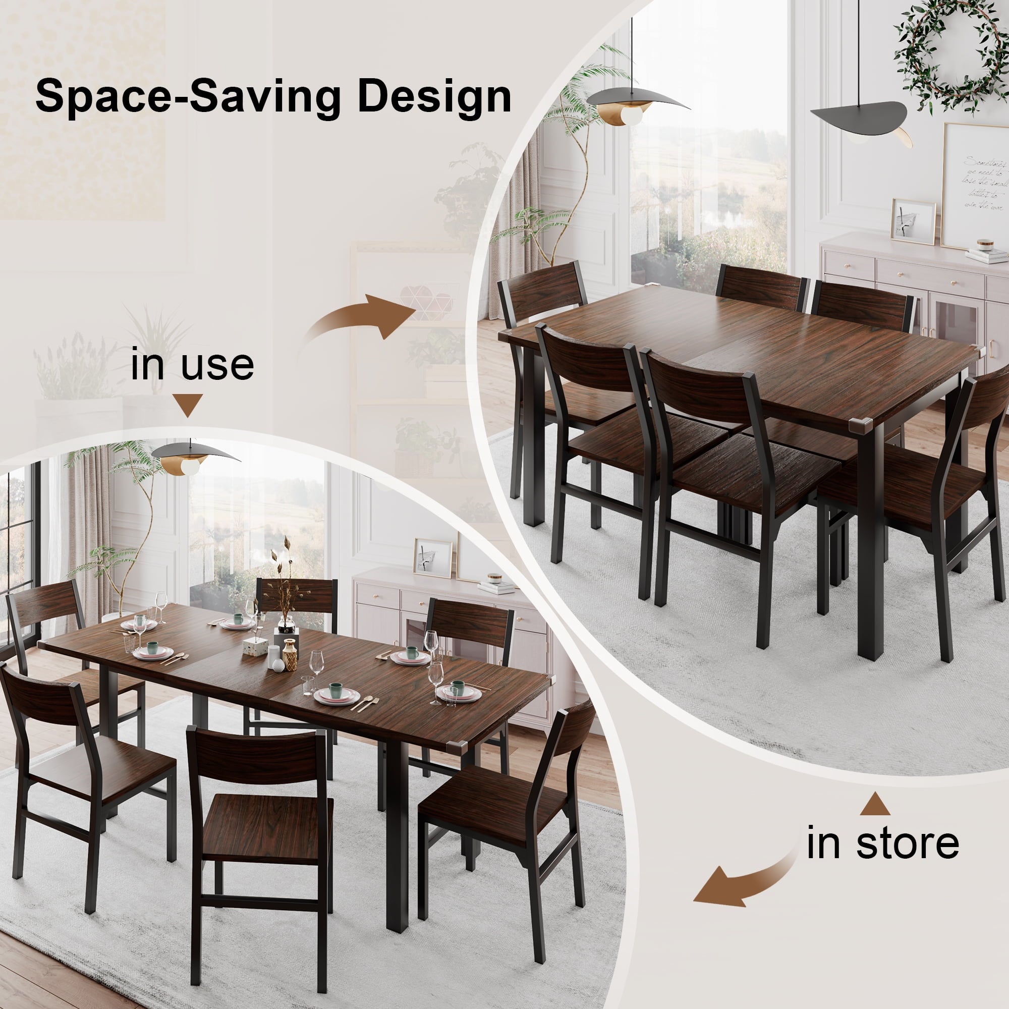 iPormis 63 Extendable Kitchen Table Set for 4-6 People, 7-Piece Large Dining Table Set with 6 Chairs,Mid-Century Dining Room Table,Espresso