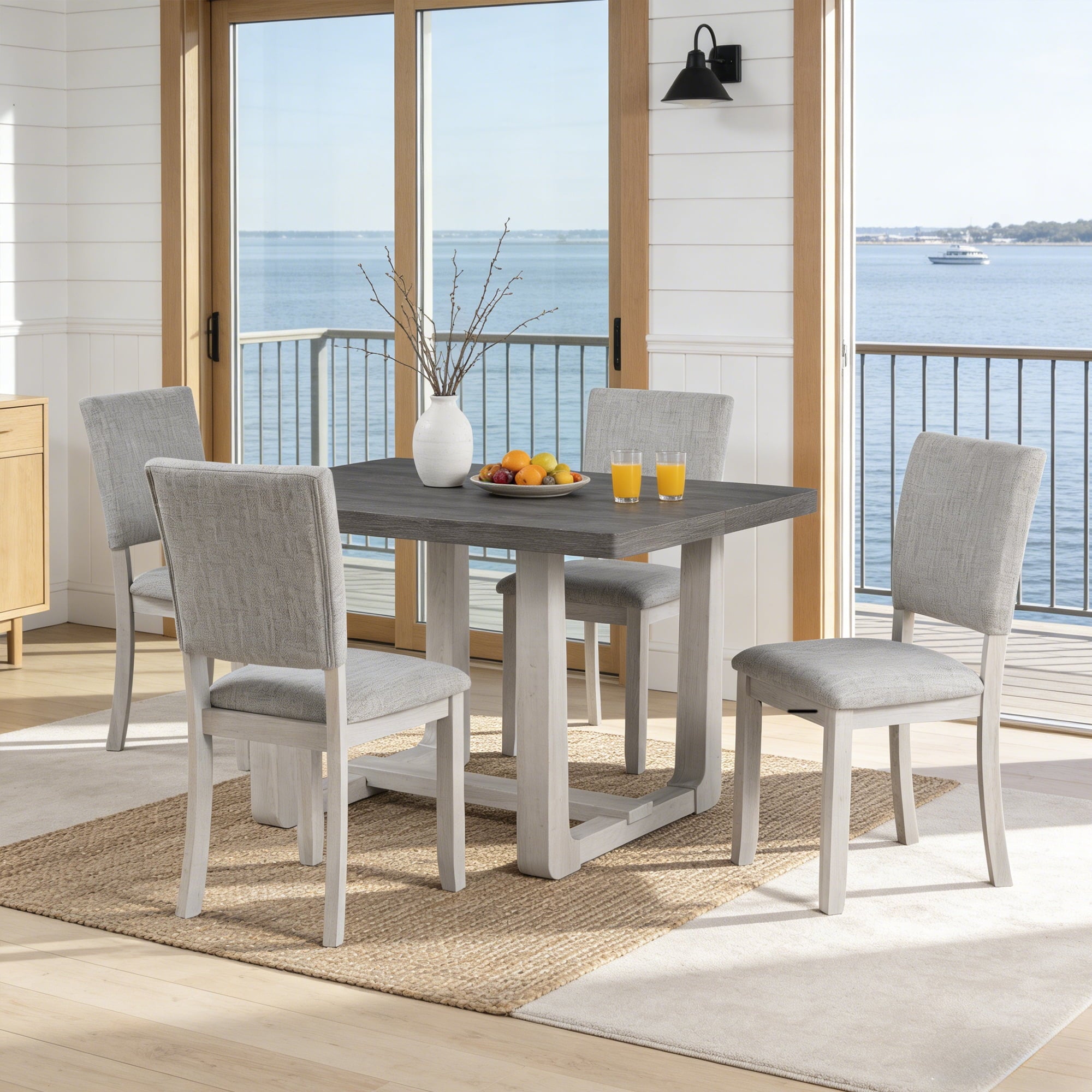 Leovanni Modern 48 5-Piece Solid Wood Dining Table Set with 4 Upholstered Chairs, Rectangular Kitchen & Dining Room Set, Natural