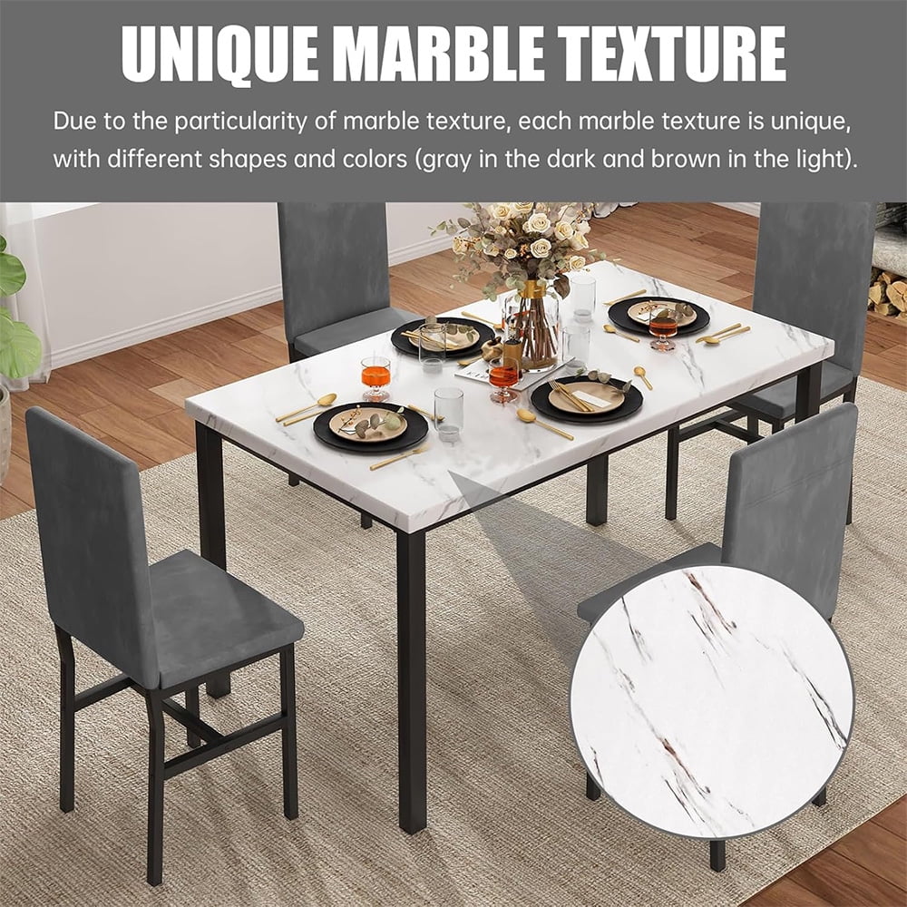 LinkRomat 5-Piece Faux Marble Dining Table Set for 4, Modern Kitchen Table with Chairs, Dinette Dining Room Furniture Set for Compact Space Saving