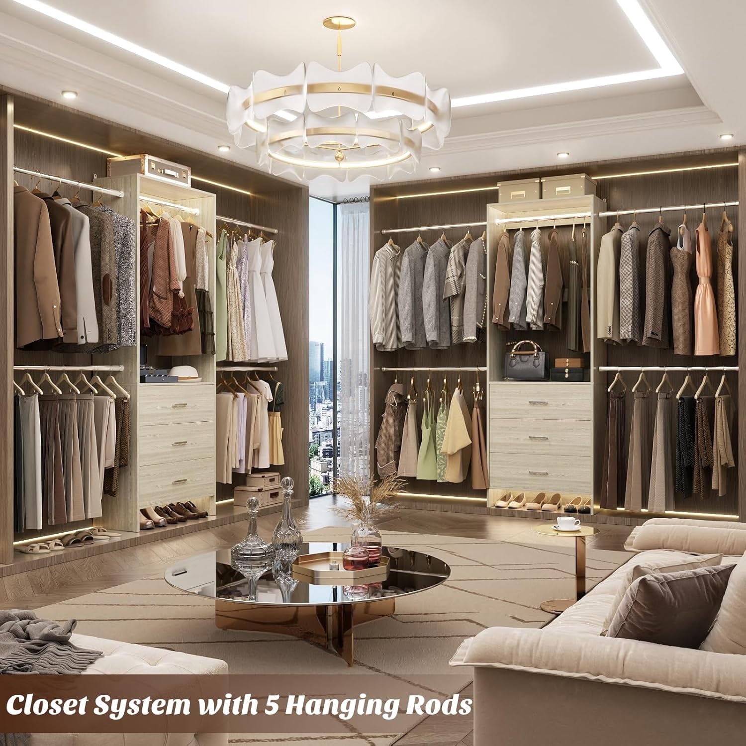 Homieasy Closet System, Closet Organizer with 3 Wooden Drawers, Walk-in Closet Wardrobe Clothes Rack with 4 Hanging Rods, Garment Rack, White