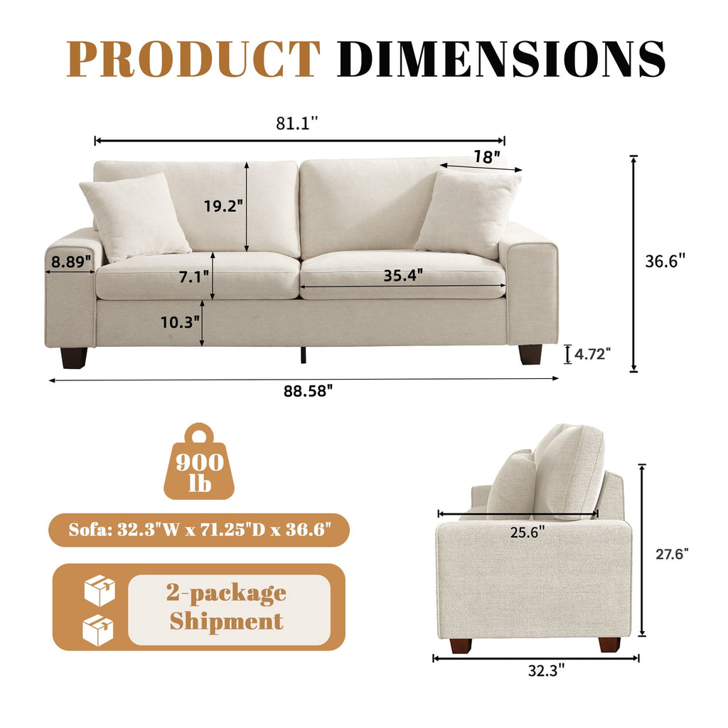 Poshby 88.58''W 3 Seater Sofa Couch with Chenille, Modern Square Arm for Living Room, Light Gray
