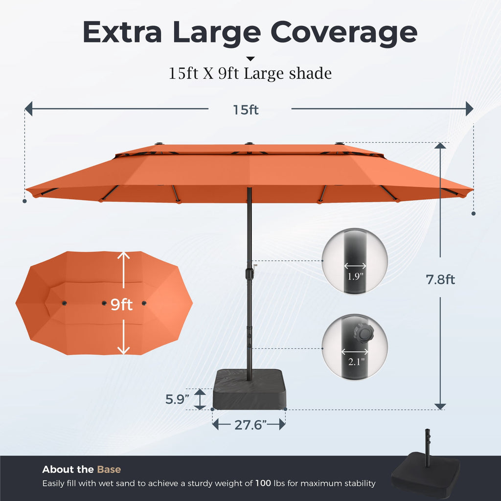 Alpha Joy 15ft Dual-Layer Outdoor Patio Umbrella Extra-Large Double-Sided Garden Umbrella with Ventilation and Base - Beige