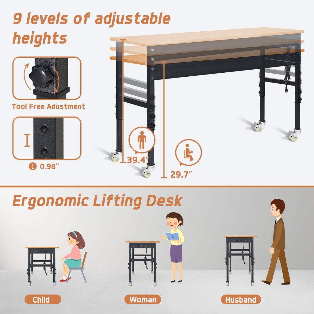 NETAJE 60 Heavy-Duty Work Bench Adjustable Workbench Work Table 2000 lb Load Capacity w/ Power Outlets for Garage, Workshop, Workstation