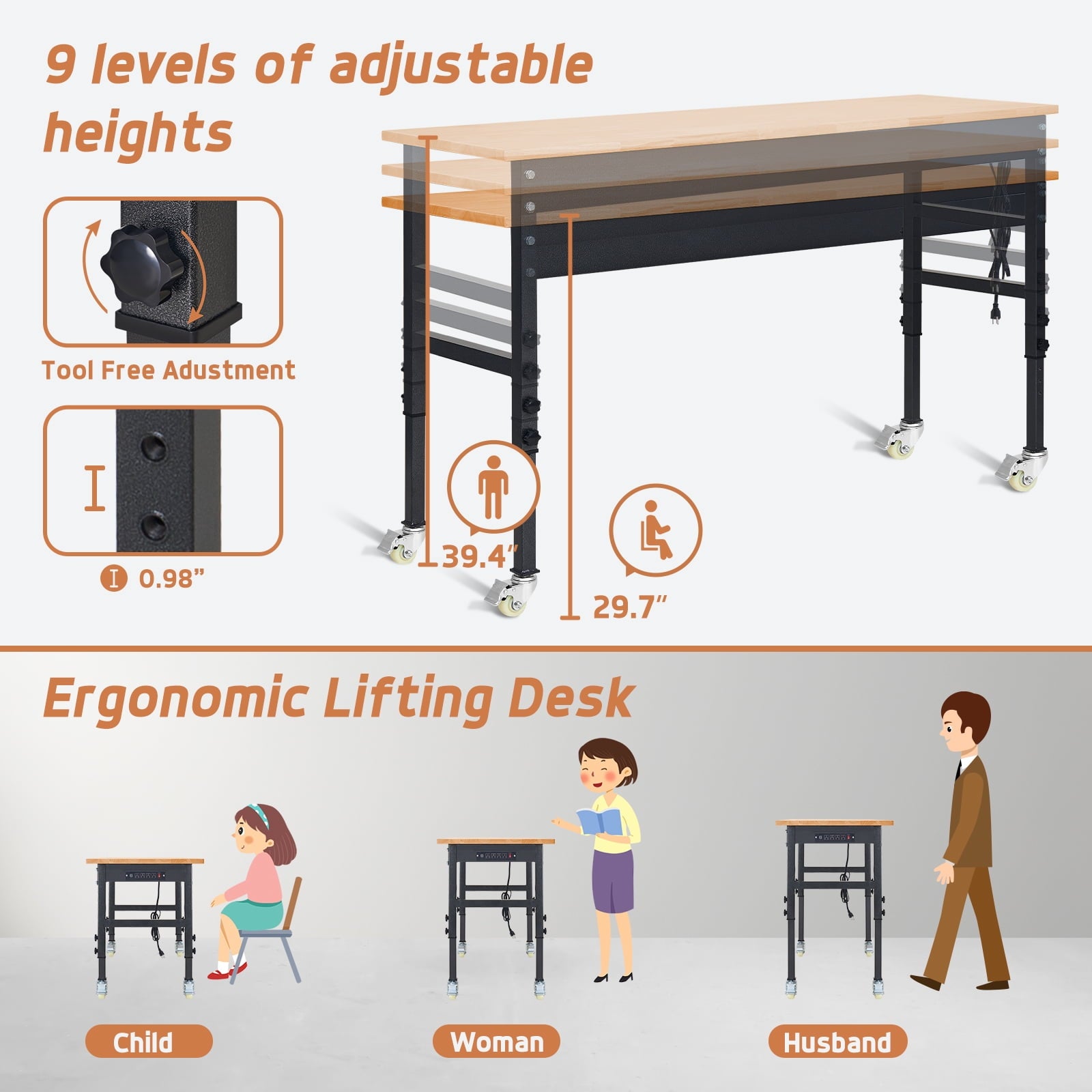 NETAJE 60 Heavy-Duty Work Bench Adjustable Workbench Work Table 2000 lb Load Capacity w/ Power Outlets for Garage, Workshop, Workstation