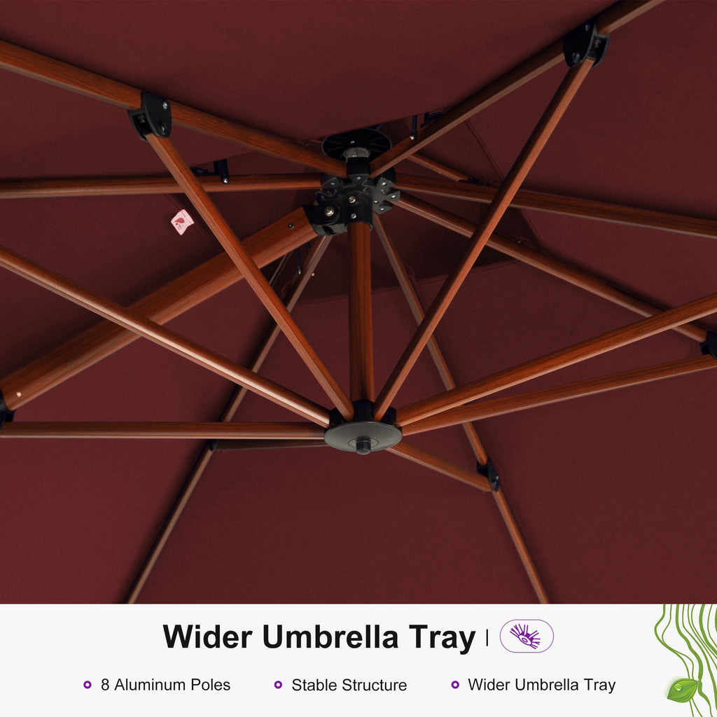 PURPLE LEAF 10FT Deluxe Square Wood Grain Patio Umbrella, Large Offset Cantilever Umbrella with 360° Rotation, Beige