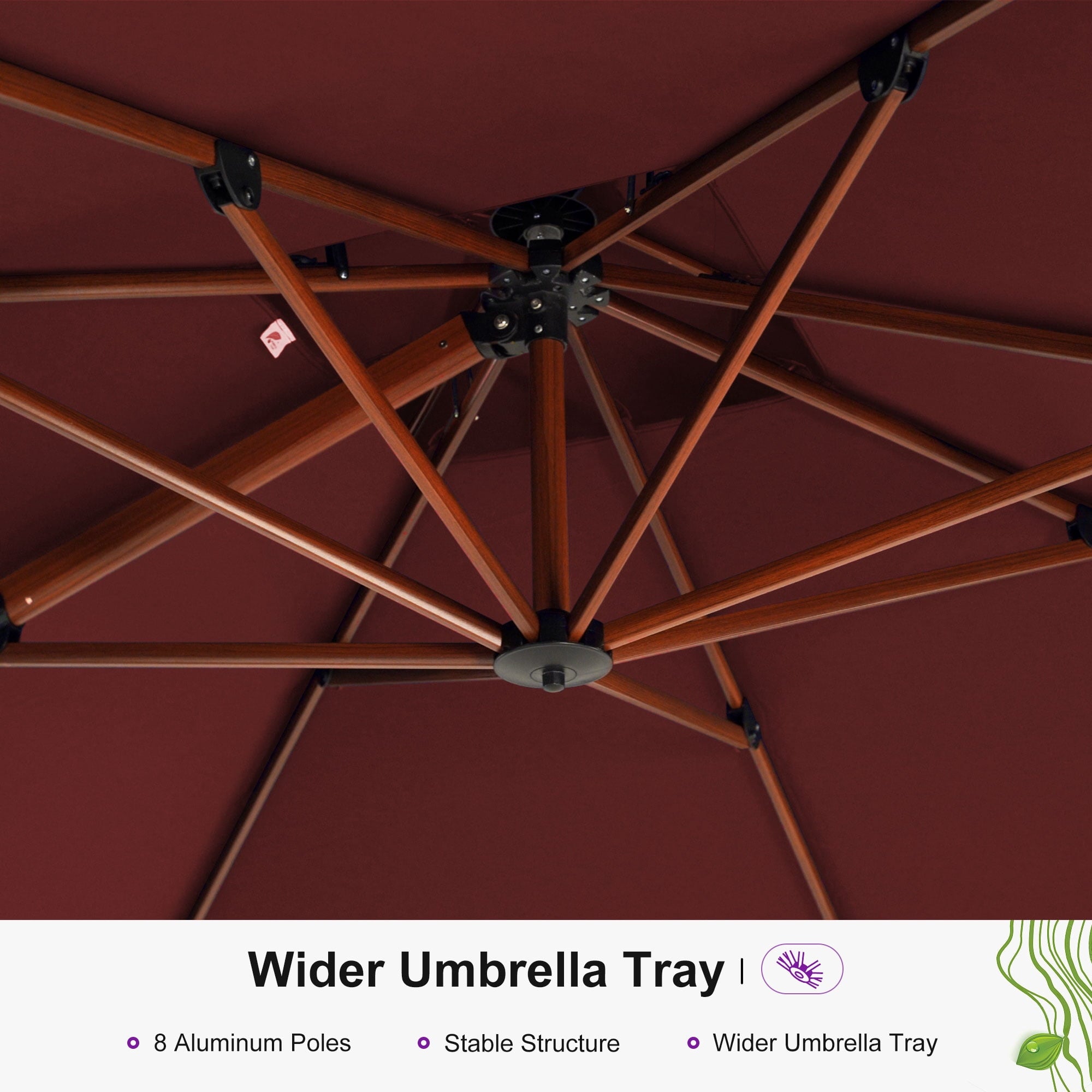 PURPLE LEAF 10FT Deluxe Square Wood Grain Patio Umbrella, Large Offset Cantilever Umbrella with 360° Rotation, Beige