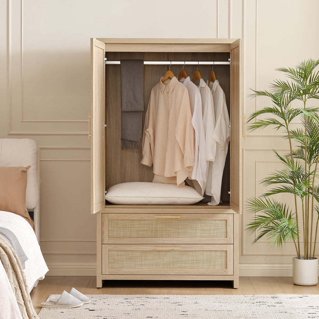 SICOTAS 40W Oversized Boho Armoire Wardrobe Closet with 2 Large Drawers, 71 Tall Rattan Clothing Storage Cabinet with Shelves & Hanging Rod, Farmhouse Freestanding Wardrobe Cabinet for Bedroom, Oak