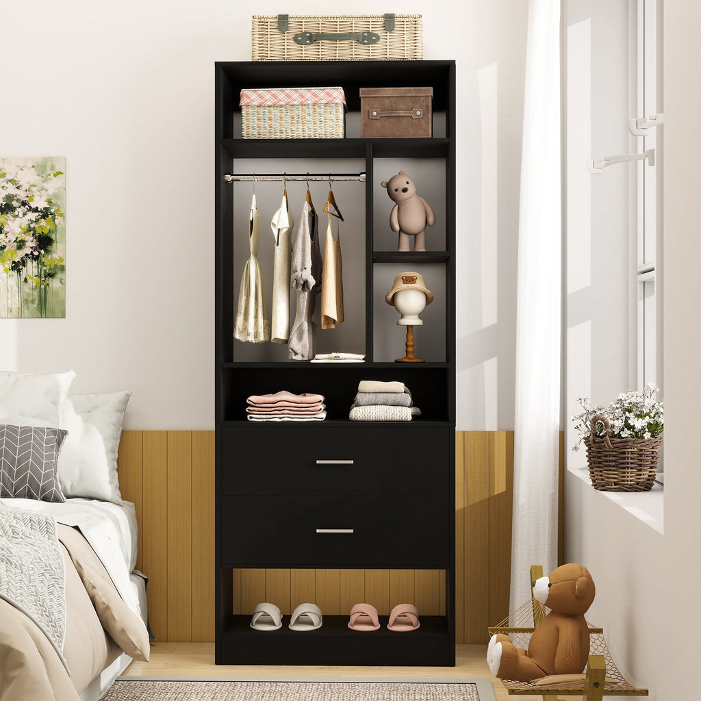 Homieasy Freestanding 24 Closet System with 2 Wood Drawers, 2FT Small Closet Organizer System with 6 Shelves & Hanging Rod, Walk-in Closet Systems for Small Closets, White