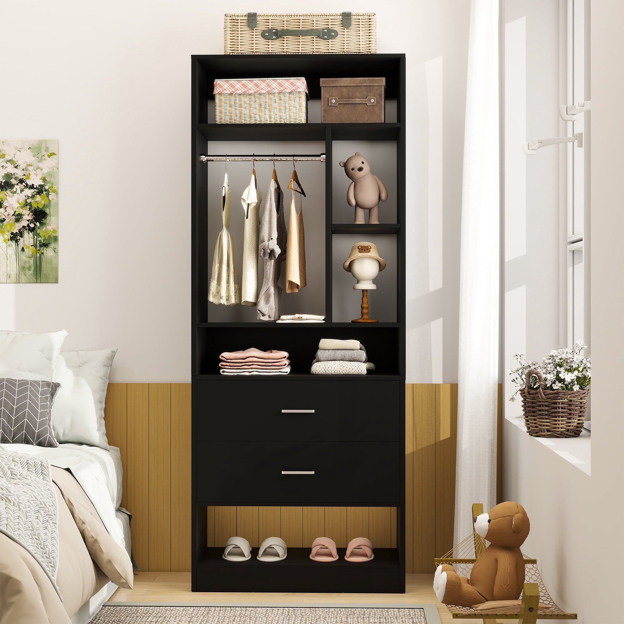 Homieasy Freestanding 24 Closet System with 2 Wood Drawers, 2FT Small Closet Organizer System with 6 Shelves & Hanging Rod, Walk-in Closet Systems for Small Closets, White