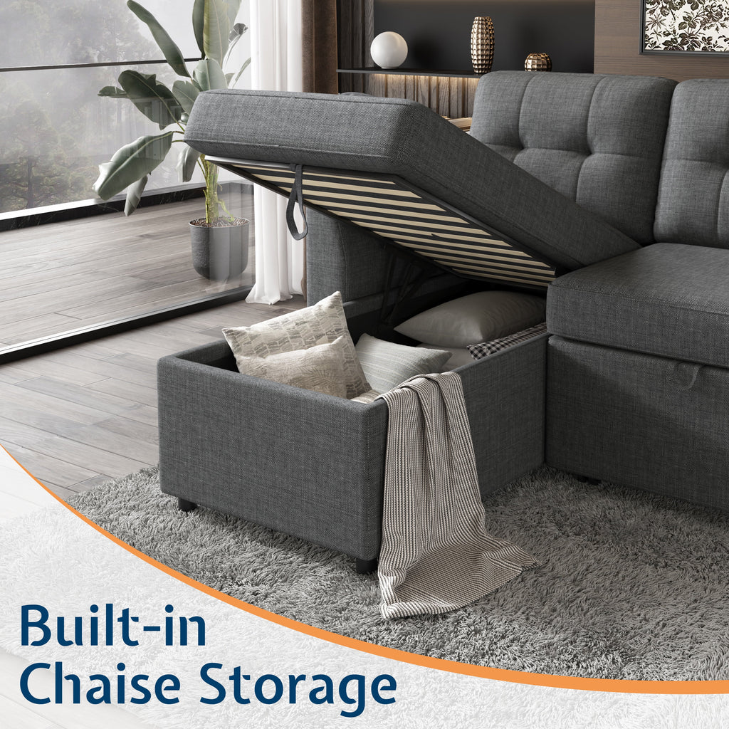 VANACC Sectional Sofa Bed with Storage and Soft Seat ,Reversible Pull Out Couch for Living Room,Gray