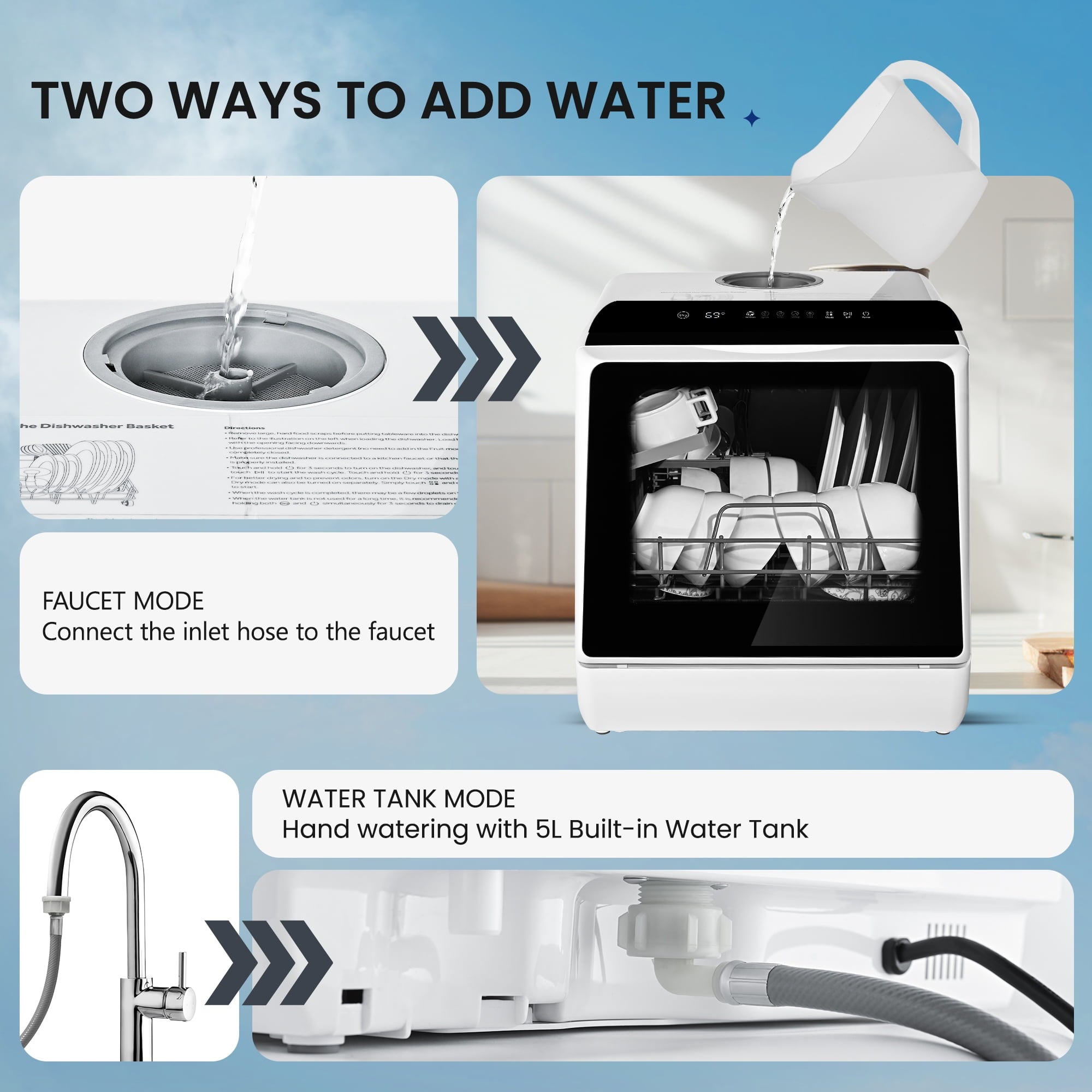 Simzlife Portable  Countertop Dishwasher with 5-Liter Built-in Water Tank and Air-Dry Function, 5 Washing Programs, 4 Place Setting