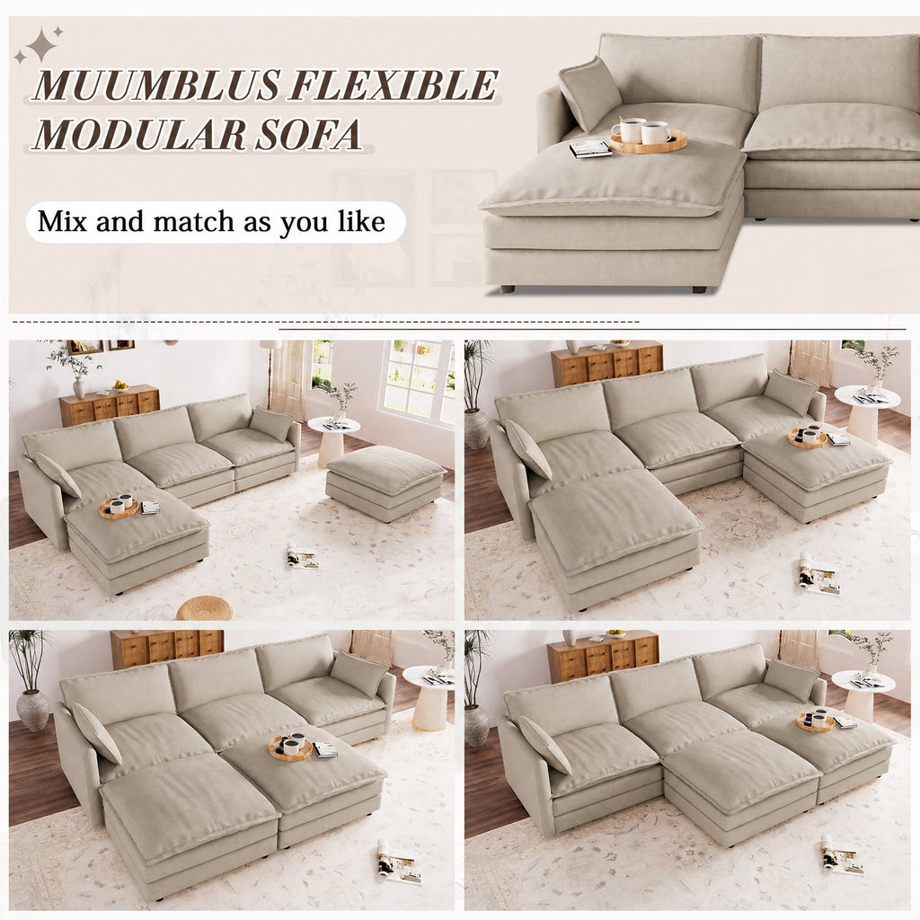 Muumblus Sectional Sofa Cloud Couch with Reversible Ottoman, L-Shaped Chenille Sofa for Living Rooms, Beige