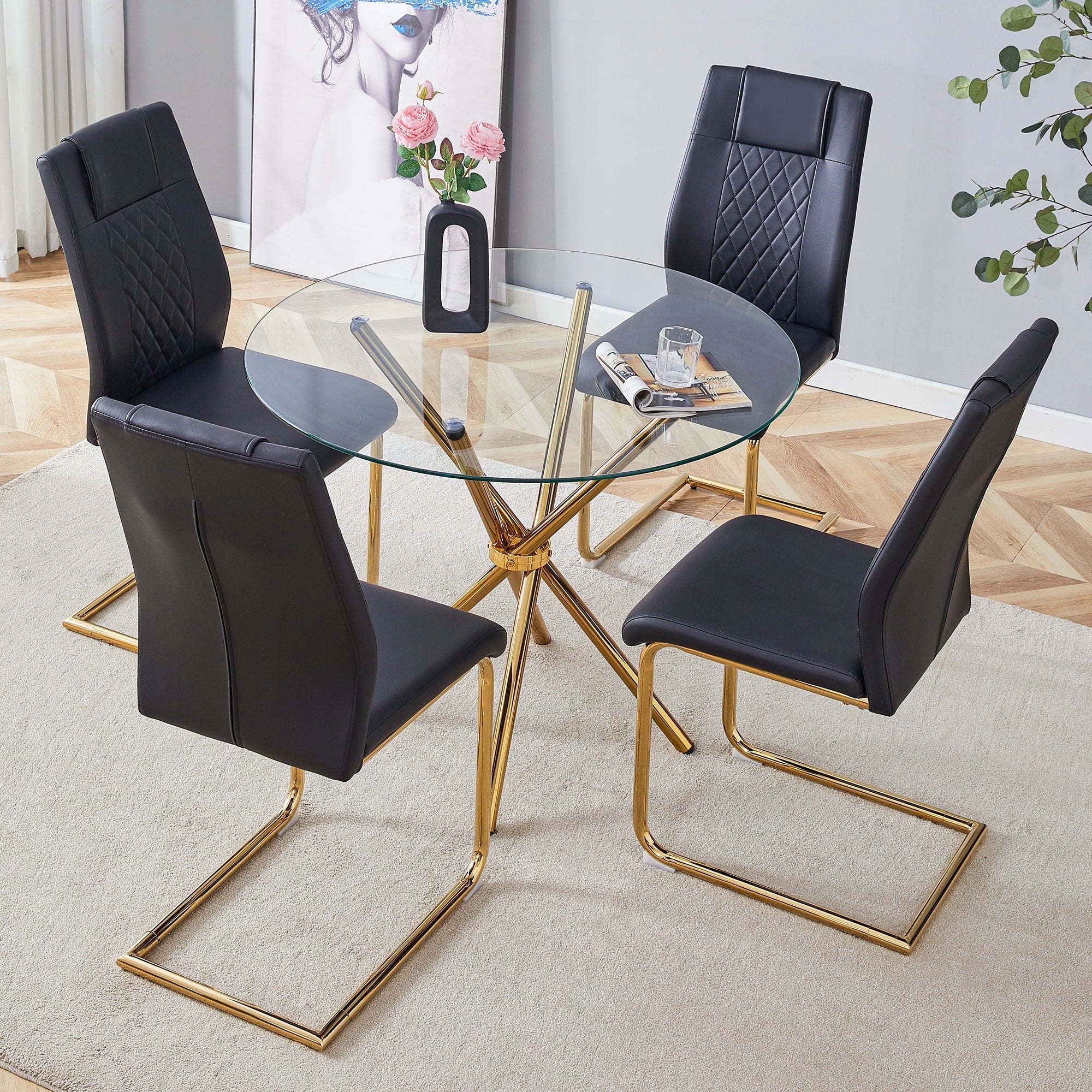 LUFTUT 36.6 Round Glass Dining Table, Modern Gold Base Kitchen Table, Small Space Bistro Table, Clear Tempered Glass Top for Apartmen