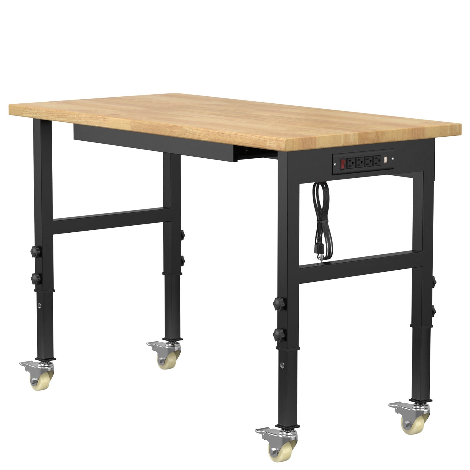 60 Adjustable Workbench,Heavy-Duty Work Table,3000 LBS Load Capacity Hardwood Workstation Outlets with Power strips and Wheels,for Workshop, Garage