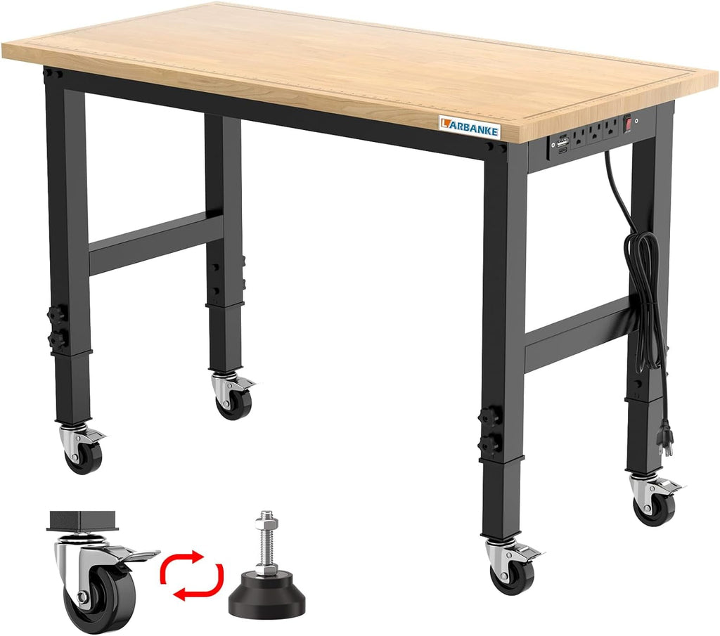 48 Adjustable Workbench with Wheels,Heavy-Duty Rubber Wood Worktable with Power Outlets &  Scales & Foot Pads,2000 LBS Load Capacity Work Benches for Garage,Workshop,Office,Home