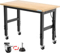 48 Adjustable Workbench with Wheels,Heavy-Duty Rubber Wood Worktable with Power Outlets &  Scales & Foot Pads,2000 LBS Load Capacity Work Benches for Garage,Workshop,Office,Home