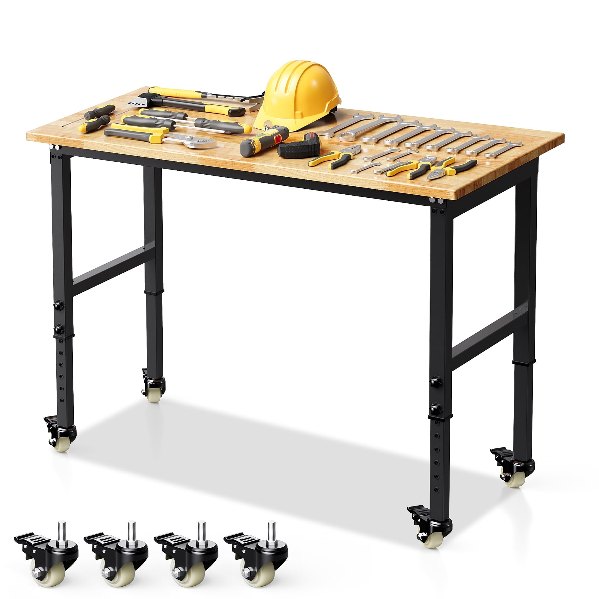 Joywind 60 Heavy-Duty Adjustable Workbench with Locking Wheels, Power Strip & Pegboard – Rubber Wood Work Table for Garage, Workshop, Home Office