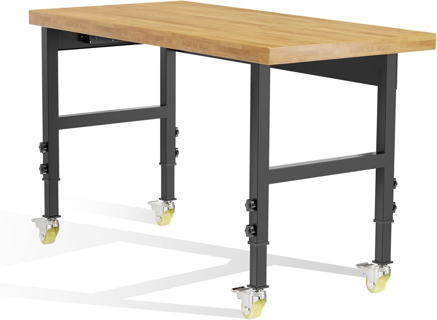 60” Heavy-Duty Solid Wood Work Bench Work Table with Wheels, Adjustable Height Portable Workbench with Power Outlets, 3000 Lbs Capacity Workstation for Garage, Workshop, Office, Shop, Outdoor