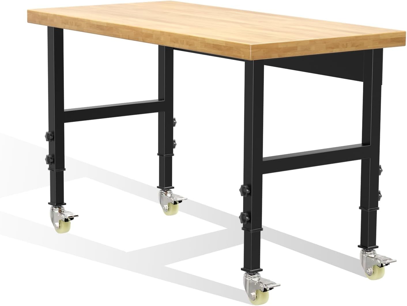 60” Heavy-Duty Solid Wood Work Bench Work Table with Wheels, Adjustable Height Portable Workbench with Power Outlets, 3000 Lbs Capacity Workstation for Garage, Workshop, Office, Shop, Outdoor