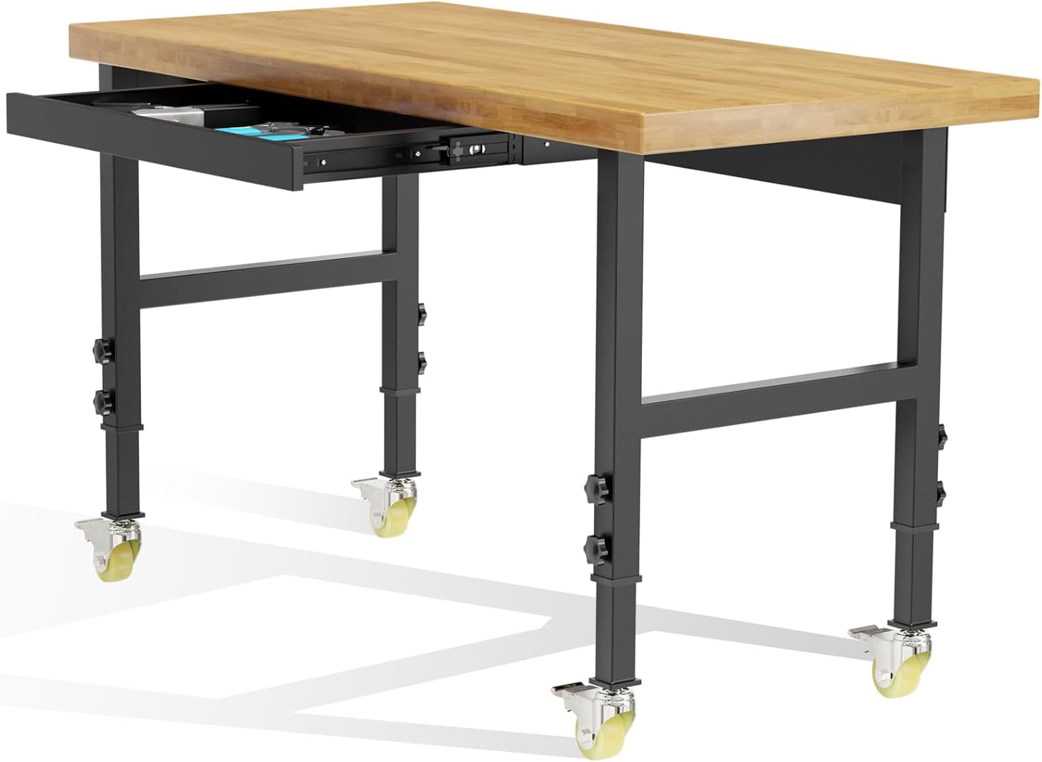 60” Heavy-Duty Solid Wood Work Bench Work Table with Wheels, Adjustable Height Portable Workbench with Power Outlets, 3000 Lbs Capacity Workstation for Garage, Workshop, Office, Shop, Outdoor