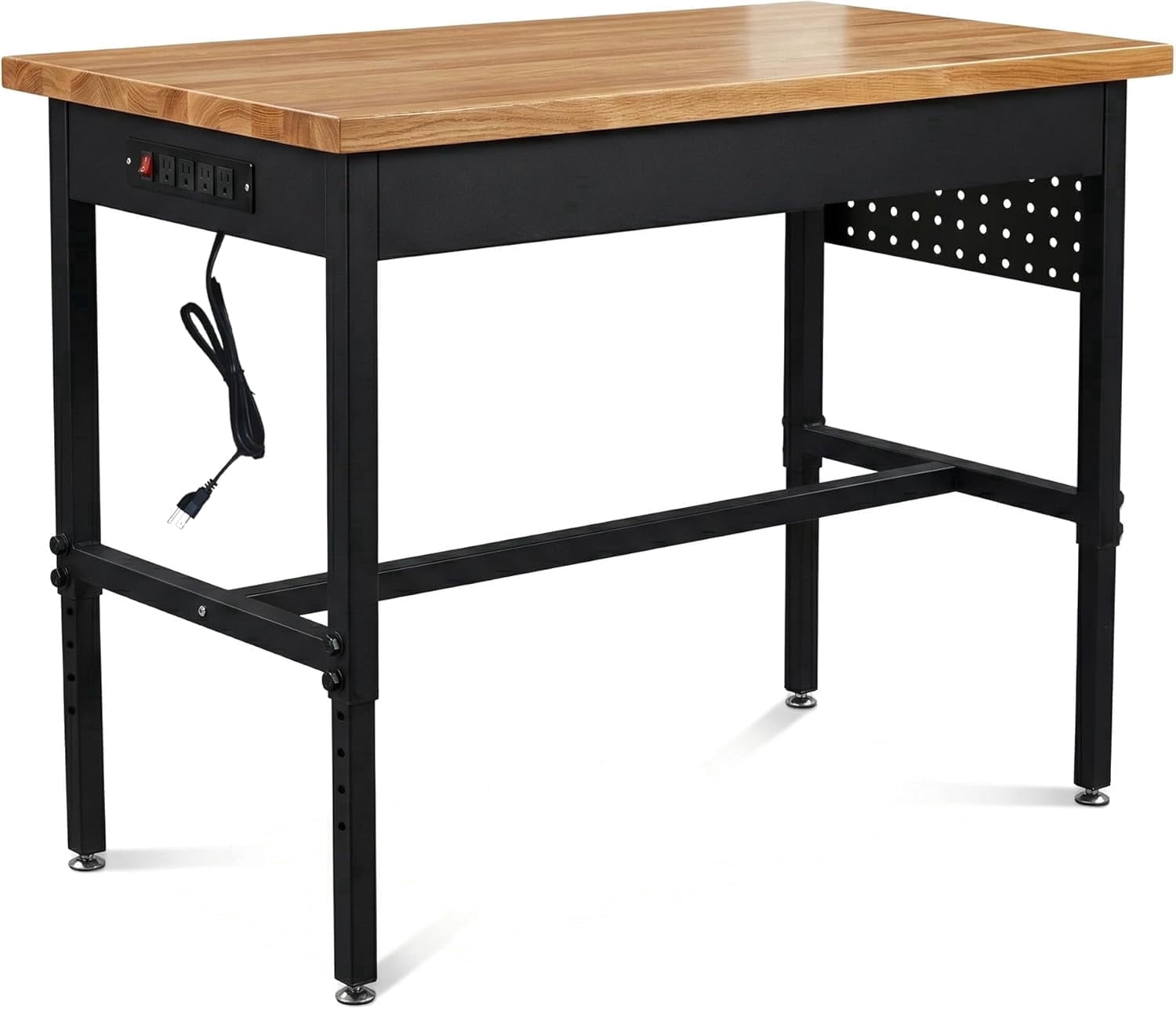 60 Inch Adjustable Workbench with Power Outlet, 2500 LBS Heavy Duty Double-Layer Workbench with Hardwood Top, 6-Level Height Adjustable Garage Work Table with Wheels, Rolling Workstation for Workshop