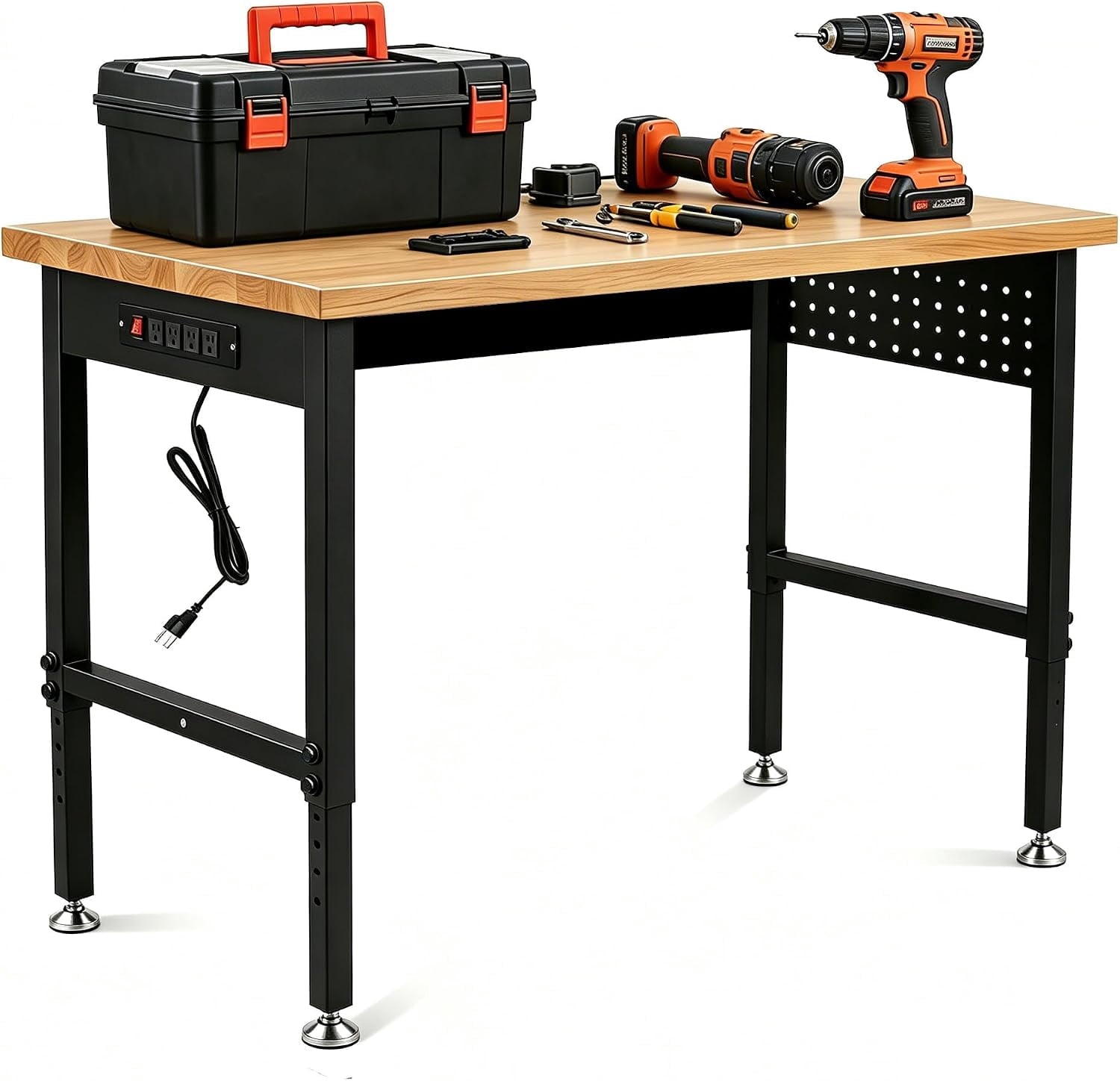 70 Inch Adjustable Workbench with Power Outlet Heavy Duty 2500 LBS Load Capacity Hardwood Work Table for Garage 6 Level Height Adjustable Workshop Bench with Wheels (70x22)