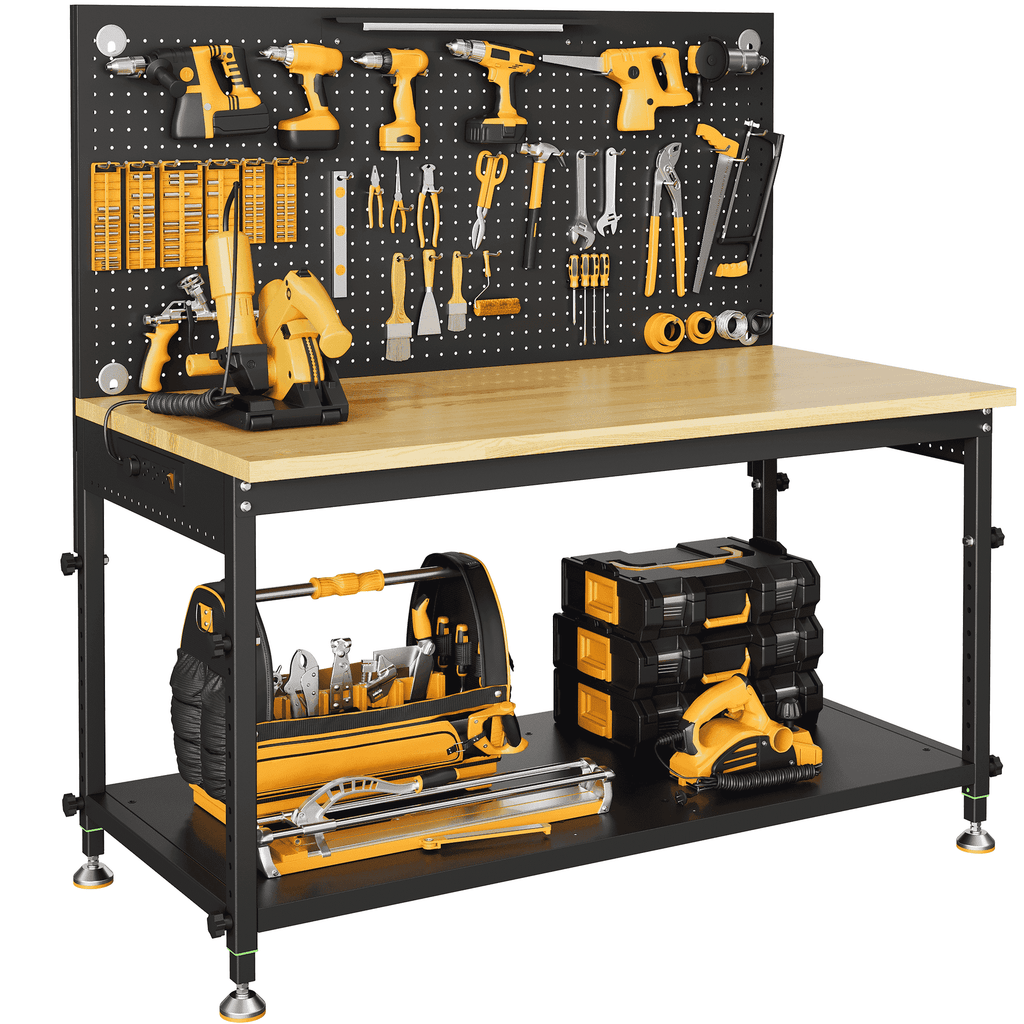 CAMMOO 48 Multifunctional Heavy Duty Workbench for Garage with Pegboard, 2000LBS Load,Adjustable Height Worktable,Storage Shelf,LED Light, Built-in Power Strip