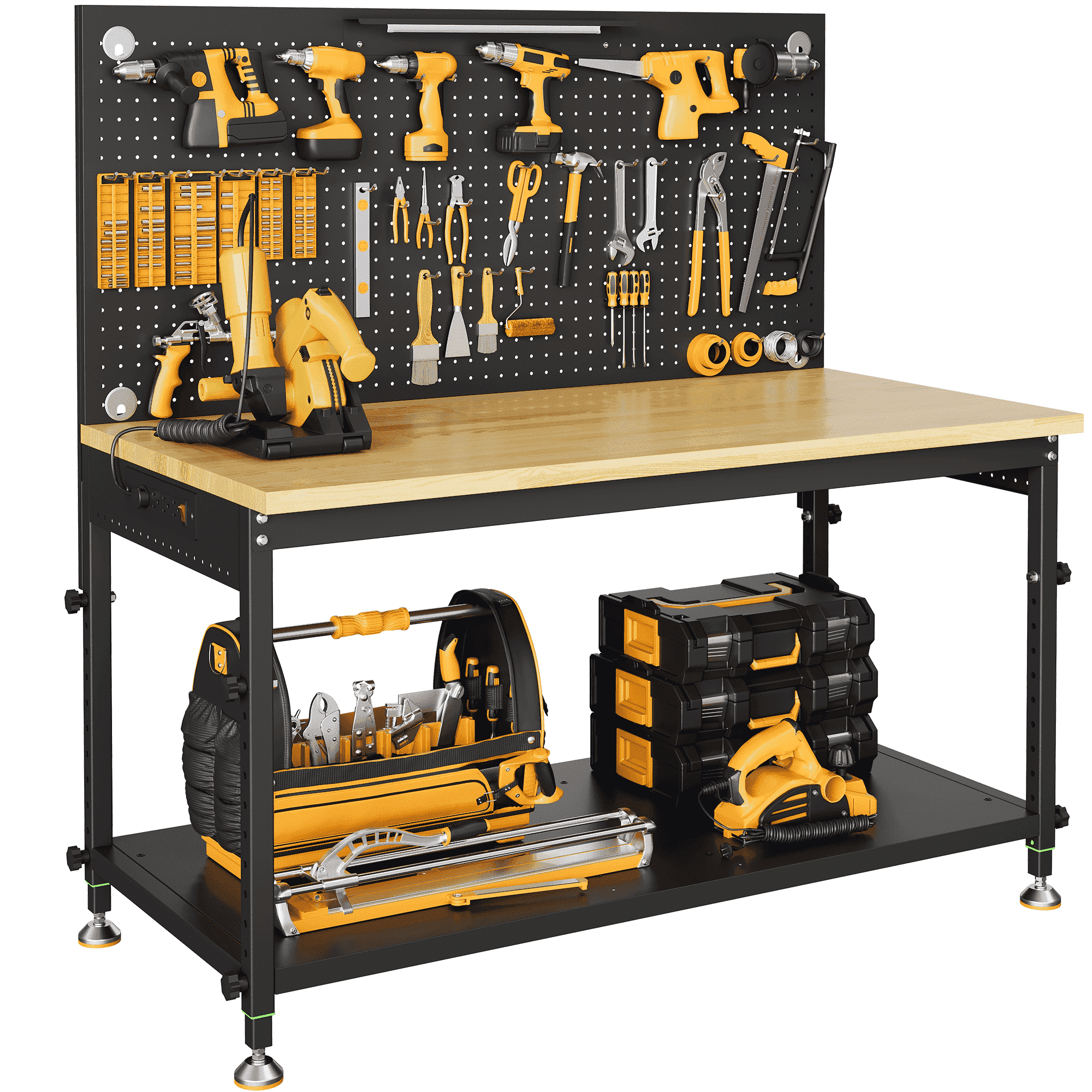 60 Multifunctional Heavy Duty Workbench for Garage with Pegboard,2000LBS Load,Adjustable Height,LED Light,Rubberwood Tabletop