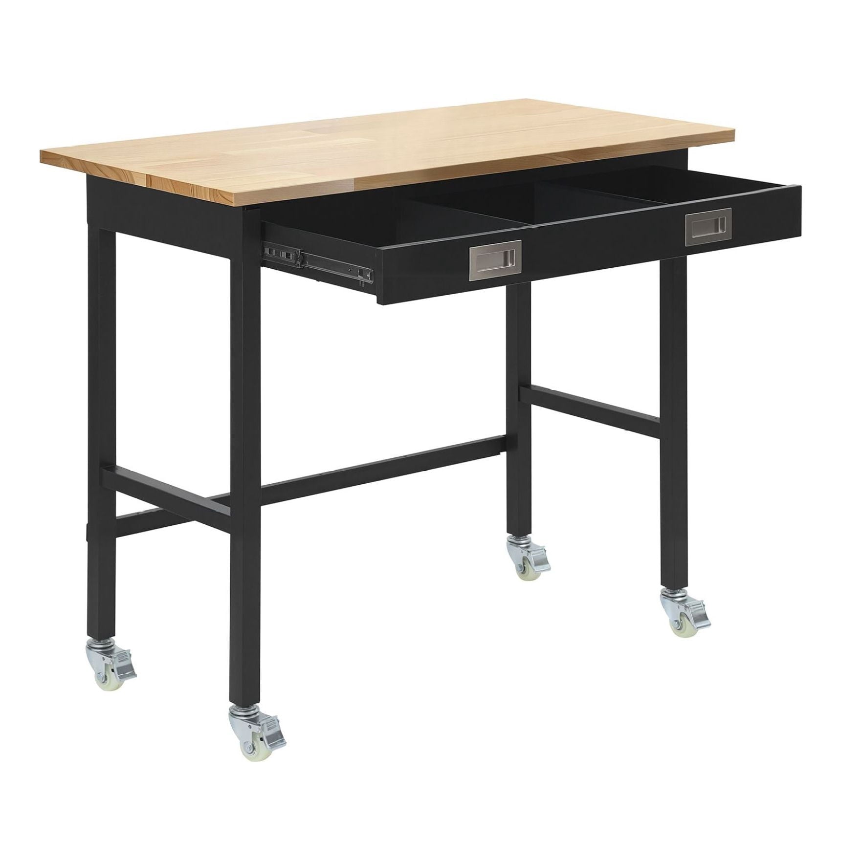 48-inch Workbench with Drawer and Wheels, 1500 lbs Capacity, Heavy Duty Oak Wood Top Work Table for Garage, Workshop, Office