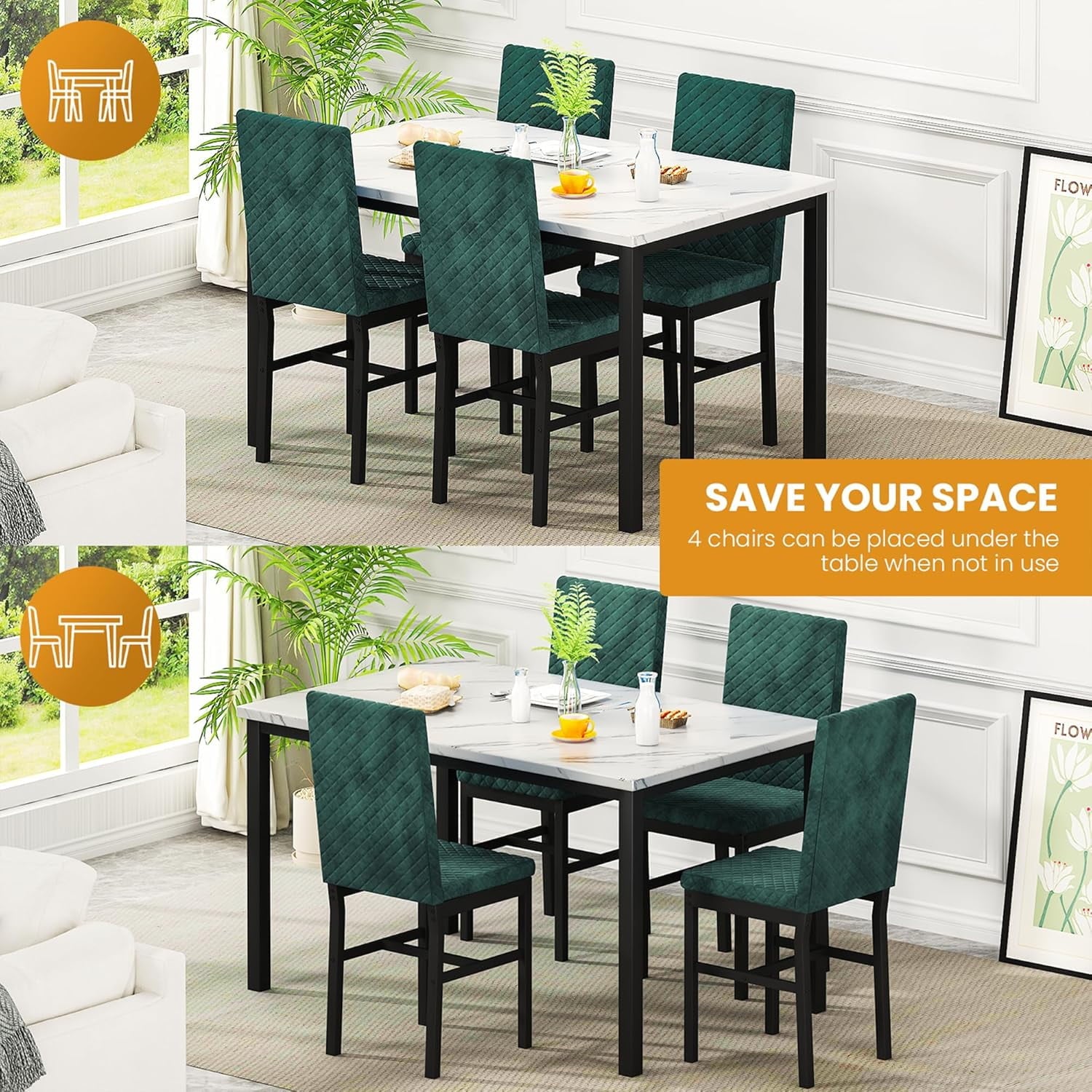 Baxluxe Dining Table Set for 4, Modern 5 Piece Dining Table Set, Faux Marble Kitchen Table and 4 Velvet Upholstered Chairs for Apartments, Dining Rooms, Small Spaces, Gray