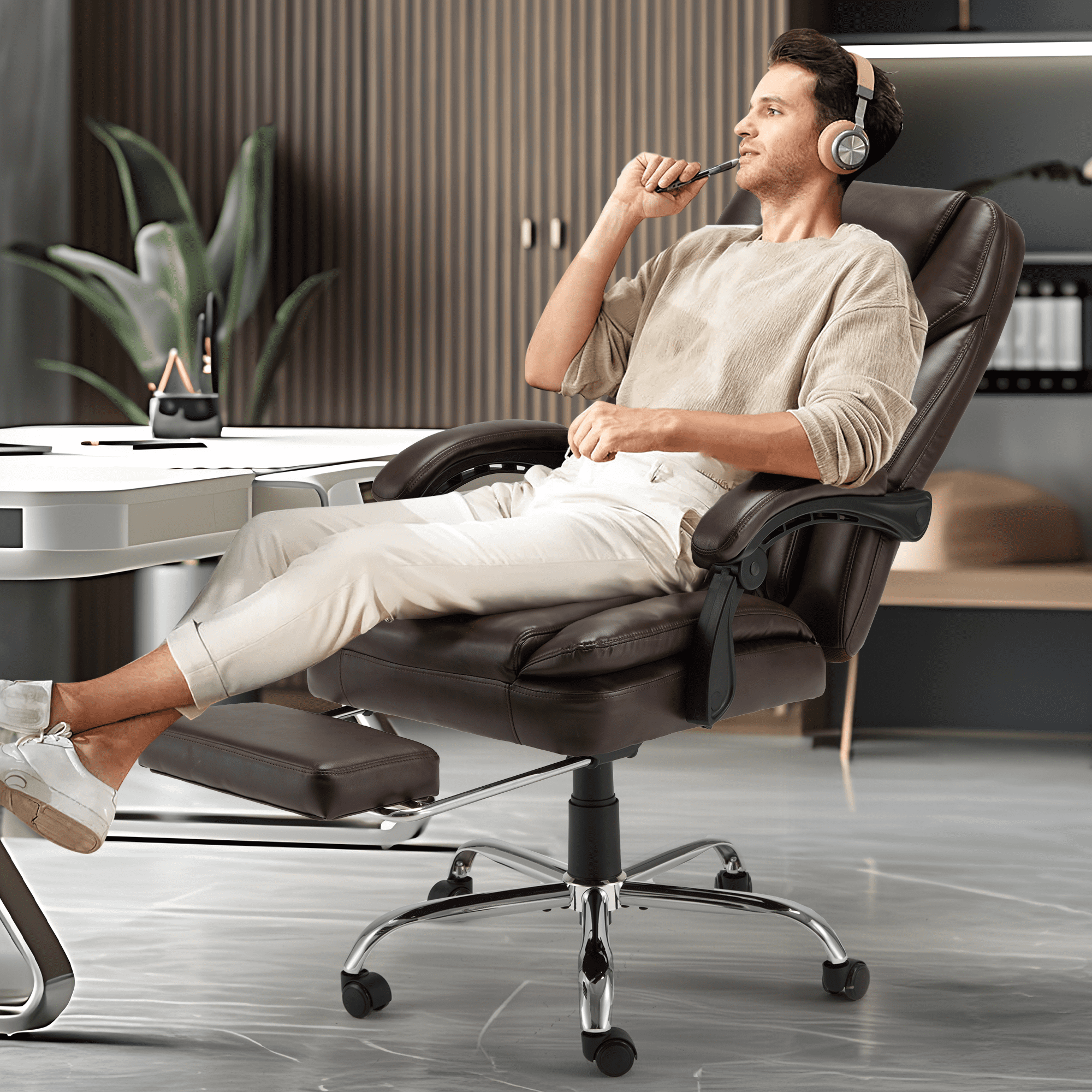 HOMREST Ergonomic Office Chair with 6-Point Massage & Heating, Adjustable Executive Desk Chair with Retractable Footrest, PU Leather Home Office Desk Chair for Home & Office (Black)