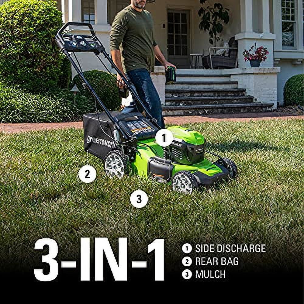 Greenworks 40V 21 Brushless Self-Propelled Lawn Mower, 2 x 4Ah USB (Power Bank) Batteries and Charger Included MO40L4413