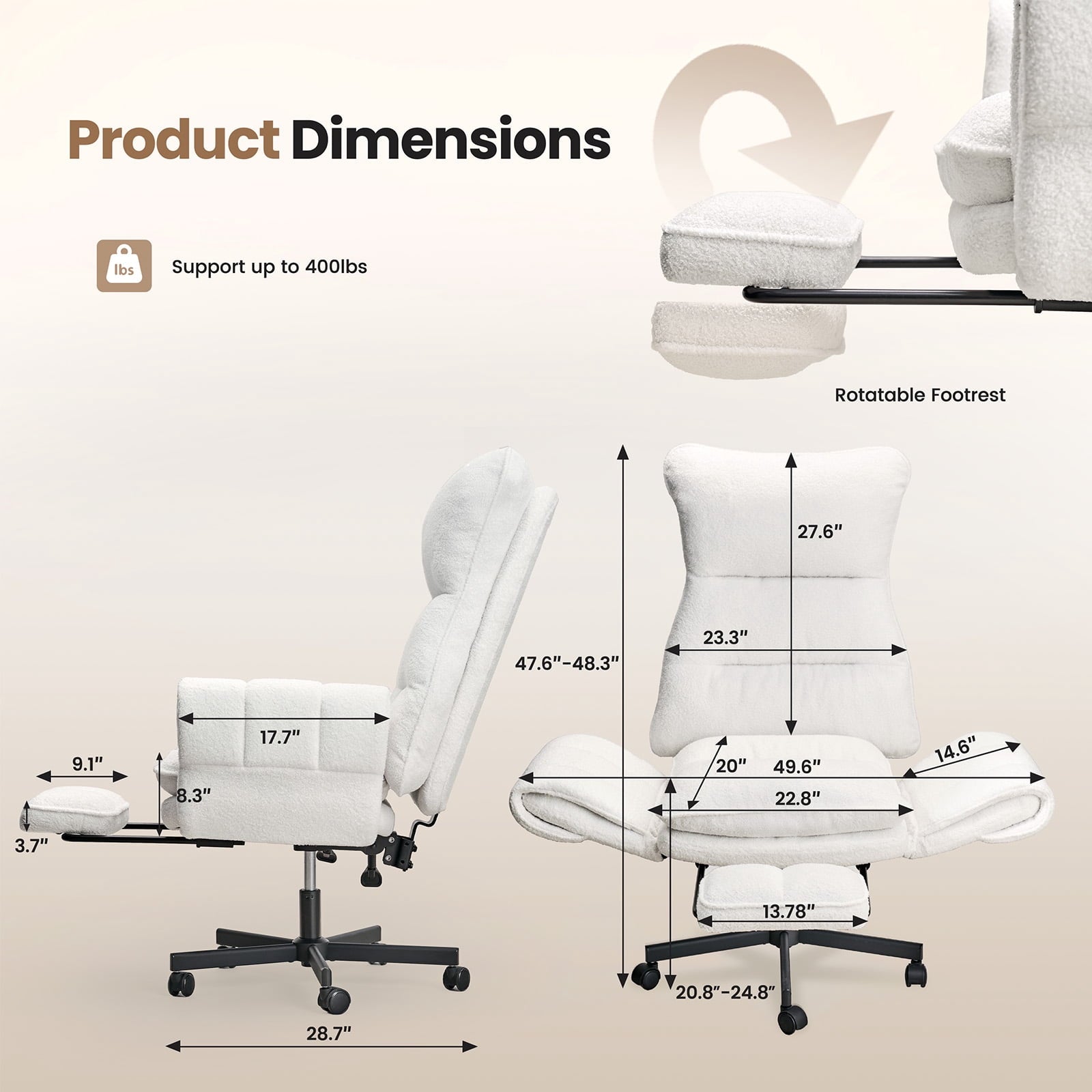 Patbrela Big and Tall Office Chair, Teddy Plush Swivel Desk Chair Ergonomic Computer Chairs with Adjustable Armrests, Beige