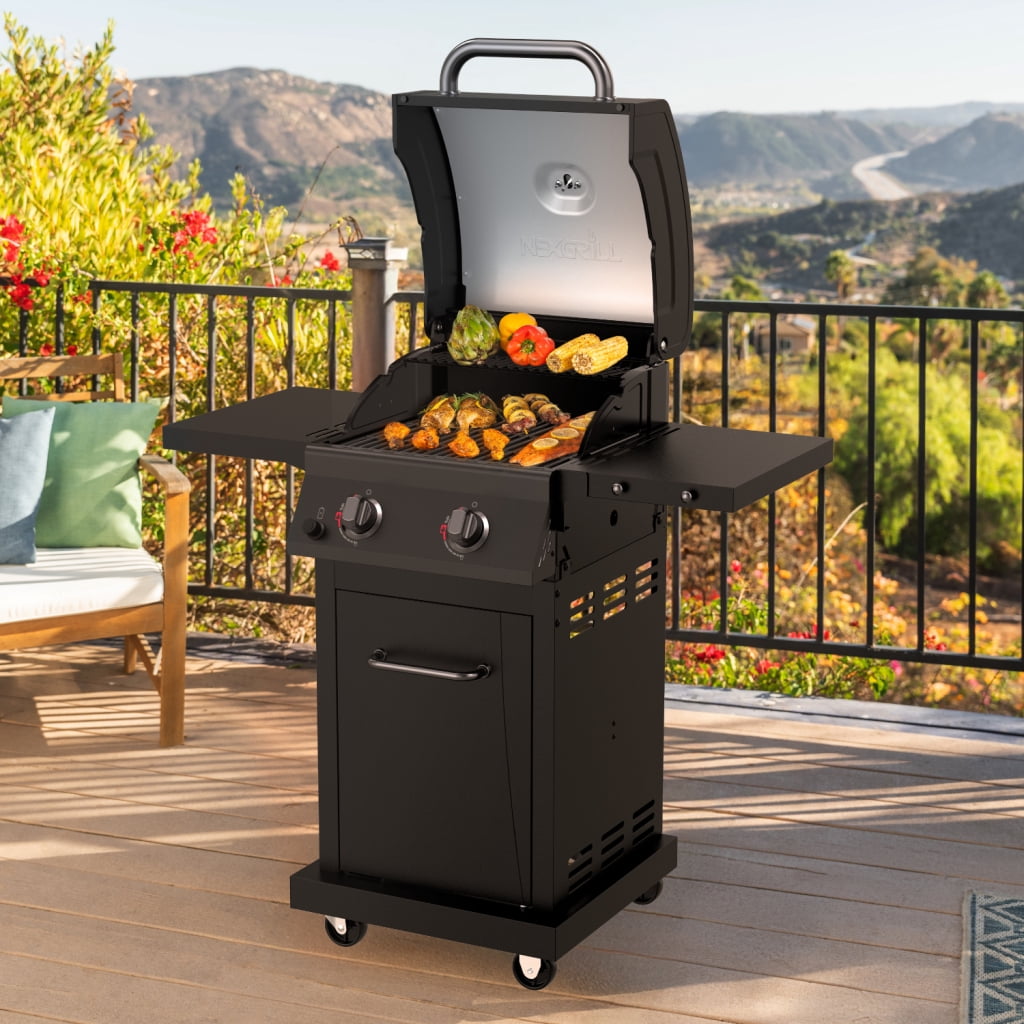 Nexgrill Deluxe 2-Burner Gas Grill with 401 SQ In Grate, 28000 BTUs, Stainless Steel Control Panel & Foldable Side Table, Propane BBQ Grill for Outdoor Cooking, Patios, Backyards and More -720-0864R