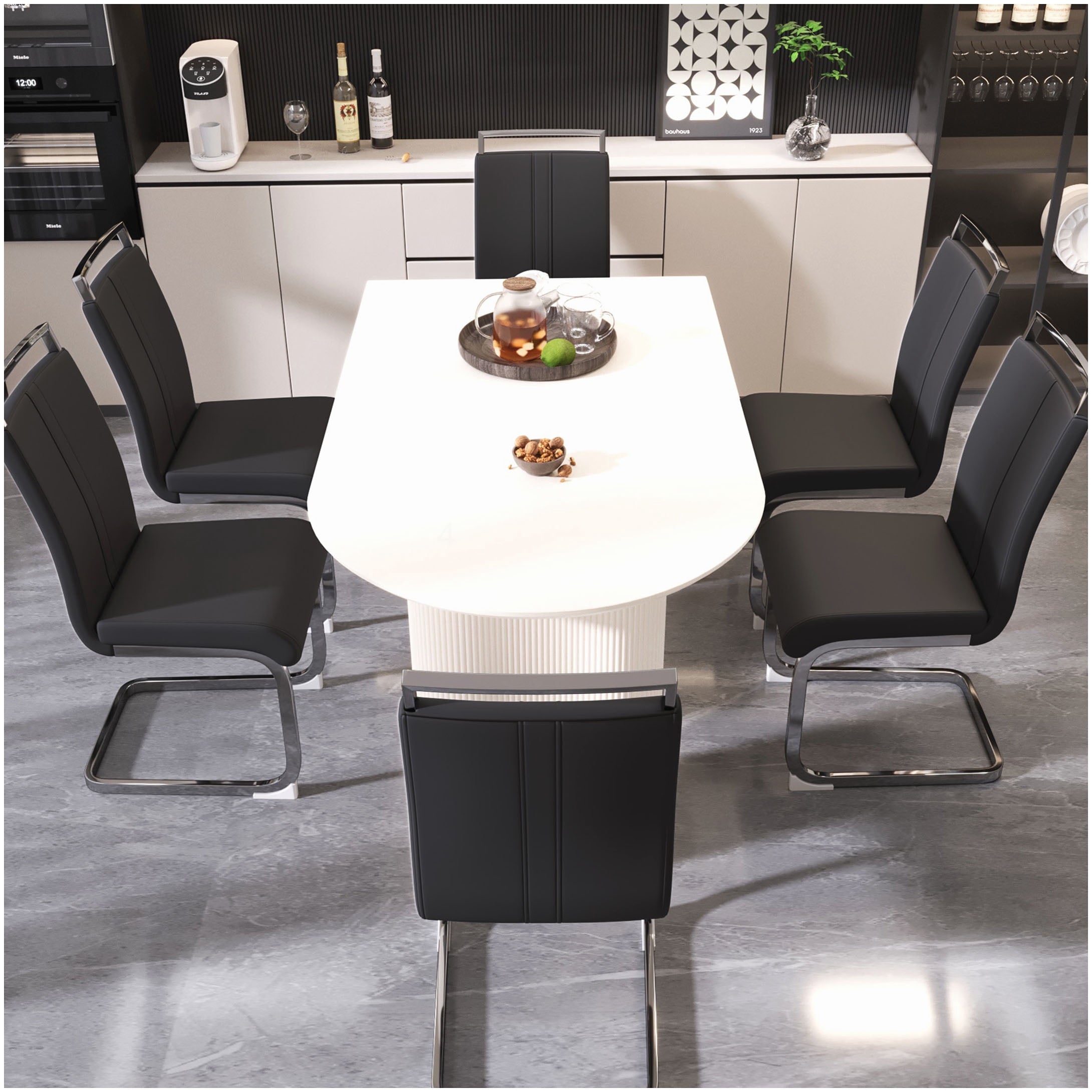 Modern Farmhouse Dining Set, 7-PC Cream Table & Black PU Chair Combo, Silver Metal Base, for Kitchen & Dining Room