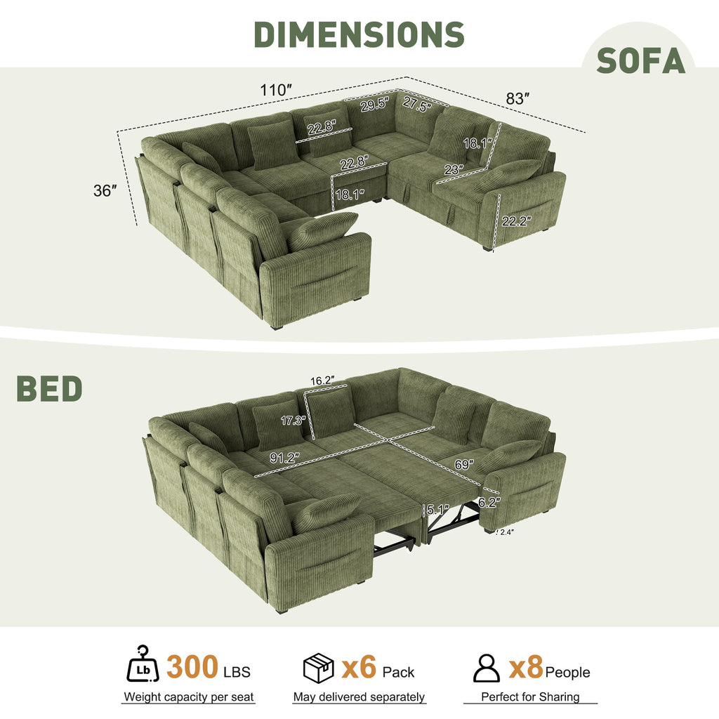 BedLuxury 83 Sectional Sleeper Sofa With Pull Out Bed, Storage Seat & USB Charging, L Shape Modern Couch for Living Room, Corduroy Gray