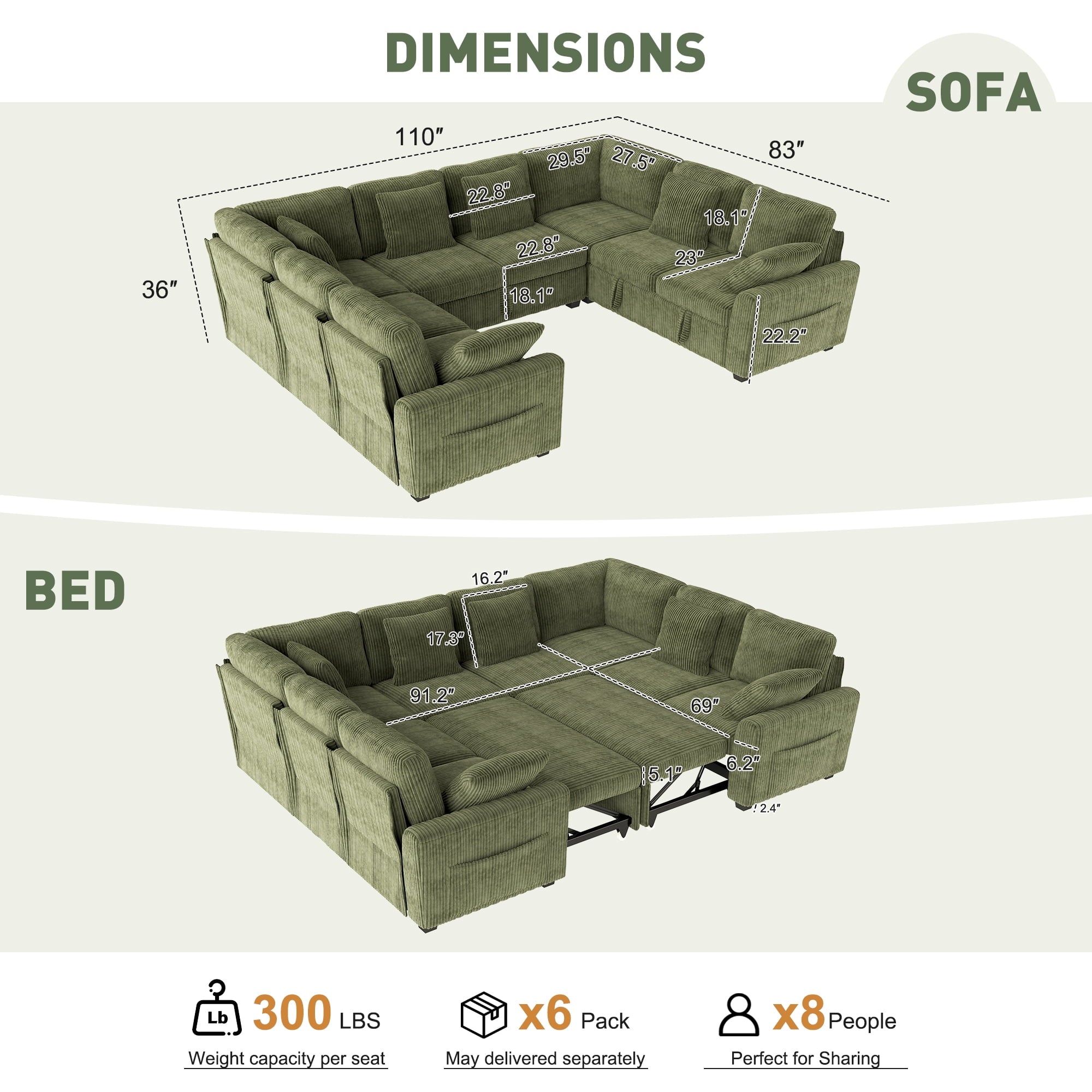 BedLuxury 83 Sectional Sleeper Sofa With Pull Out Bed, Storage Seat & USB Charging, L Shape Modern Couch for Living Room, Corduroy Gray