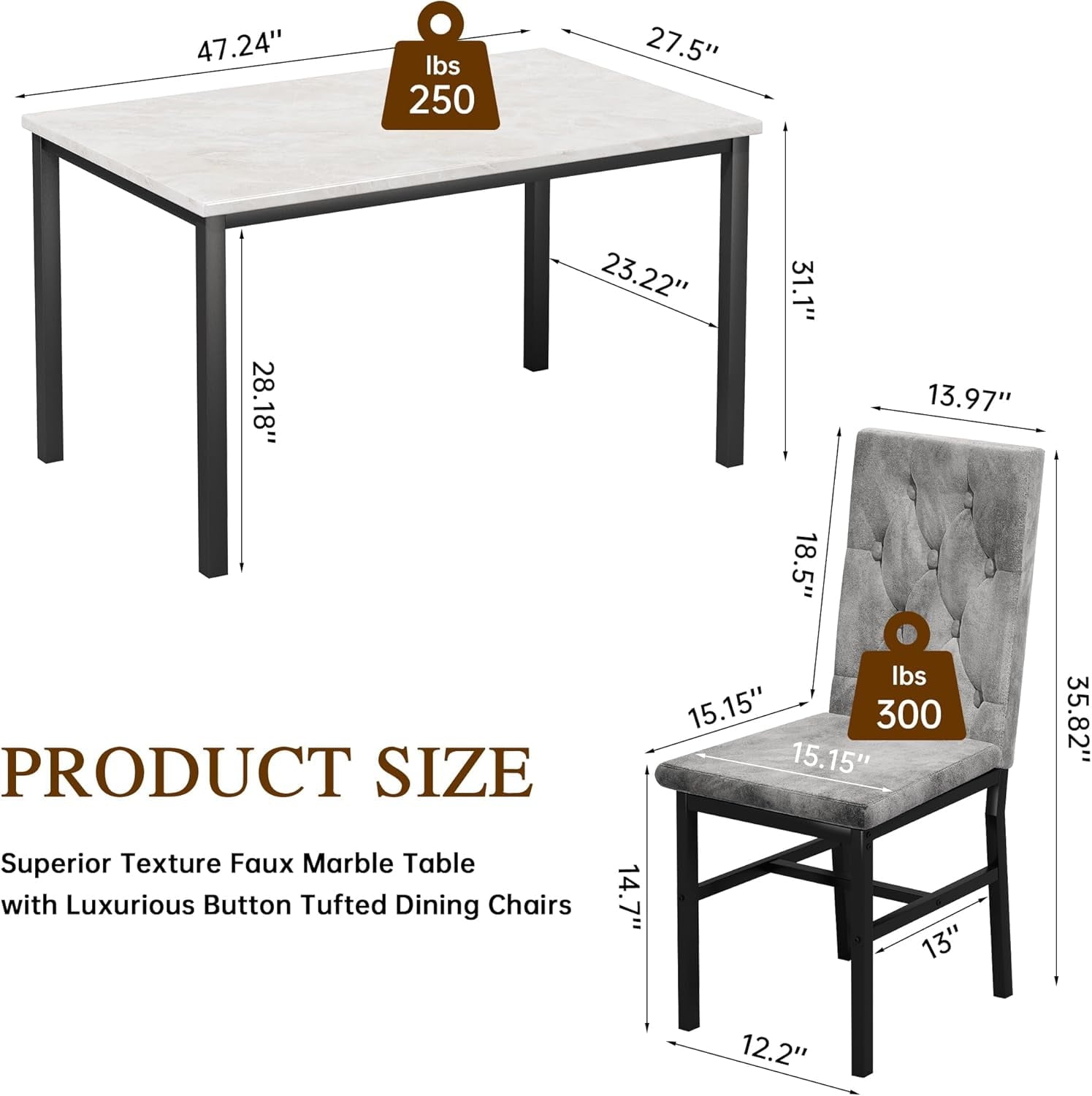 Baxluxe Dining Table Set for 4, Space Saving Rectangle Dining Table with 4 Velvet Dining Chairs, Faux Marble Kitchen Table and Chairs Set, Modern Dining Room Set for Kitchen, Pub, Beige+Gray