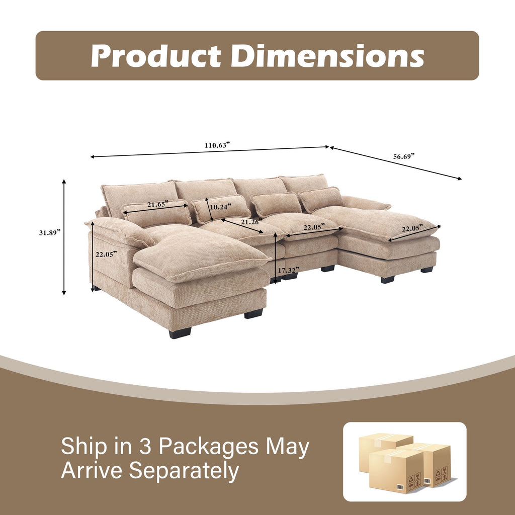 JONPONY109.45 U Shaped Couch,Oversized 4 Seat Sectional with 4 Waist Pillows, Convertible Upholstery Symmetrical Sofá,Sleeper Sofa Couch with Double Chaise Lounge &Memory Foam for Living Room, Beige