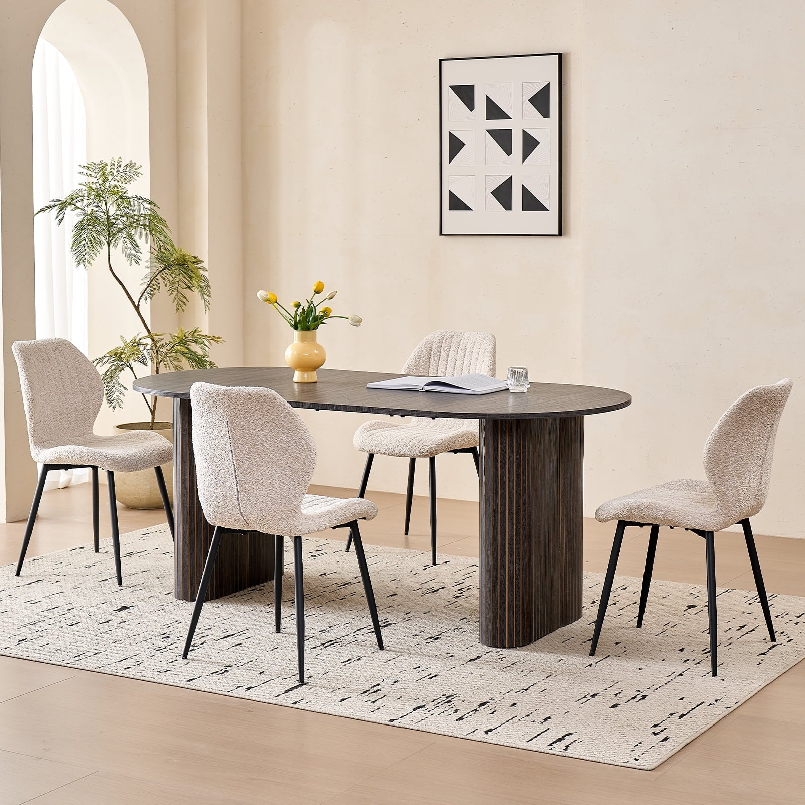 71 Natural Large Dining Table Set for 4 Modern Kitchen Table with Beige Boucle Upholstered Kitchen Chairs Set of 4