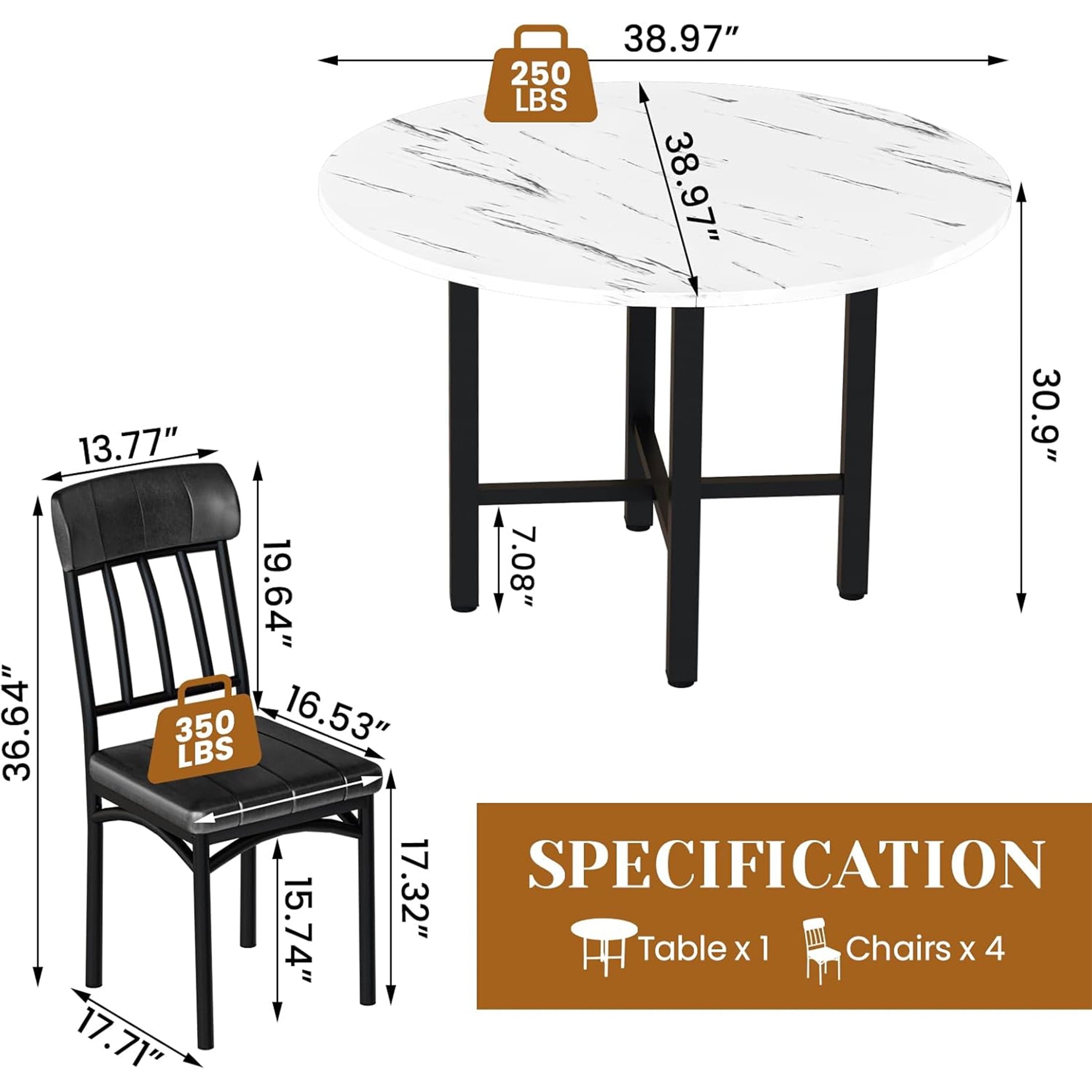 LinkRomat Round Dining Table Set for 4, Modern Dining Room Sets with 4 Faux Leather Chairs, Kitchen Dinner Wooden Table & Chair Set for Small Space, Grey
