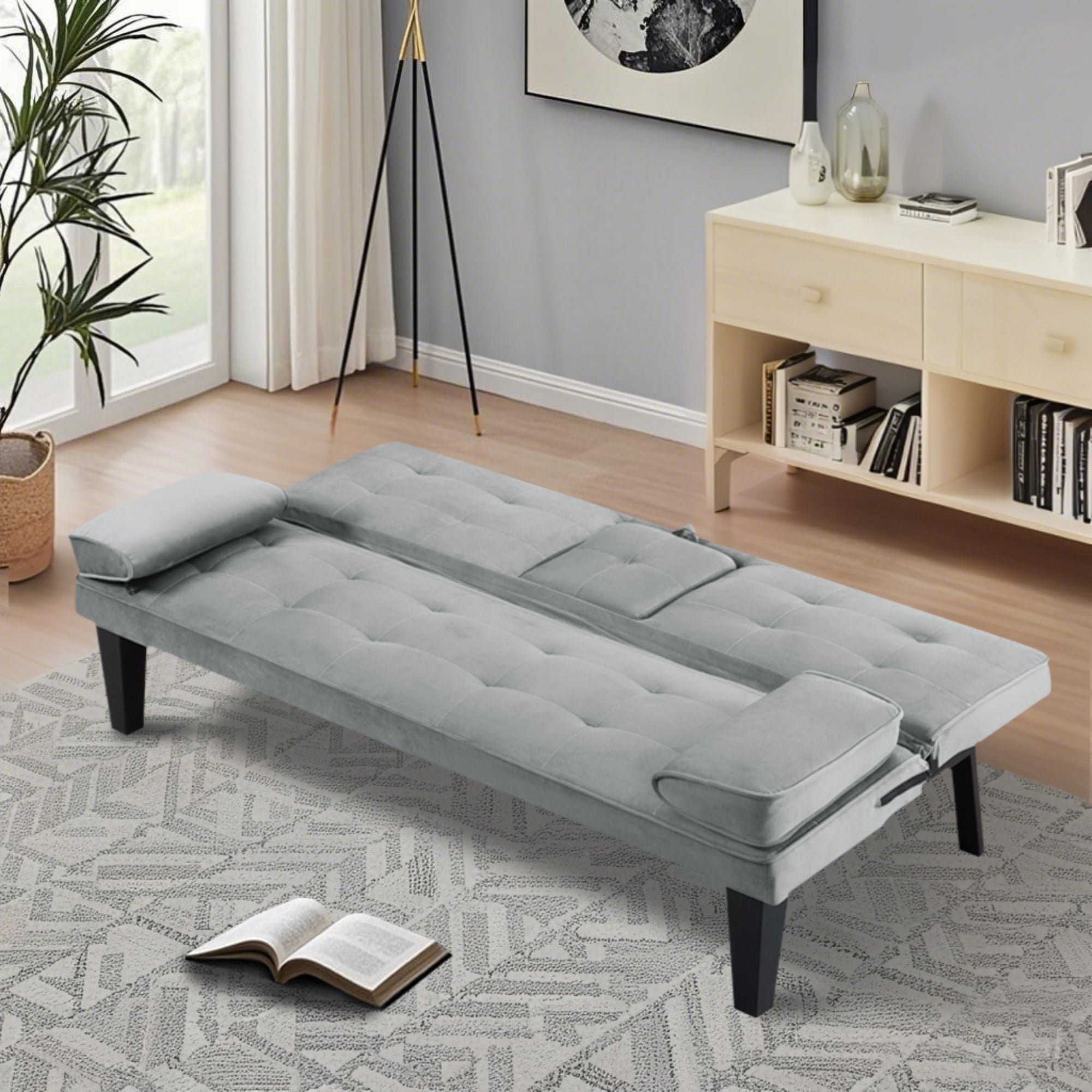 BSHTI 65 Modern Velvet Futon Sofa Bed with Drop Down Cup Holders, 3-Position Adjustable Backrest, Removable Arm Cushions, Chrome Legs for Living Room & Guest Room Black