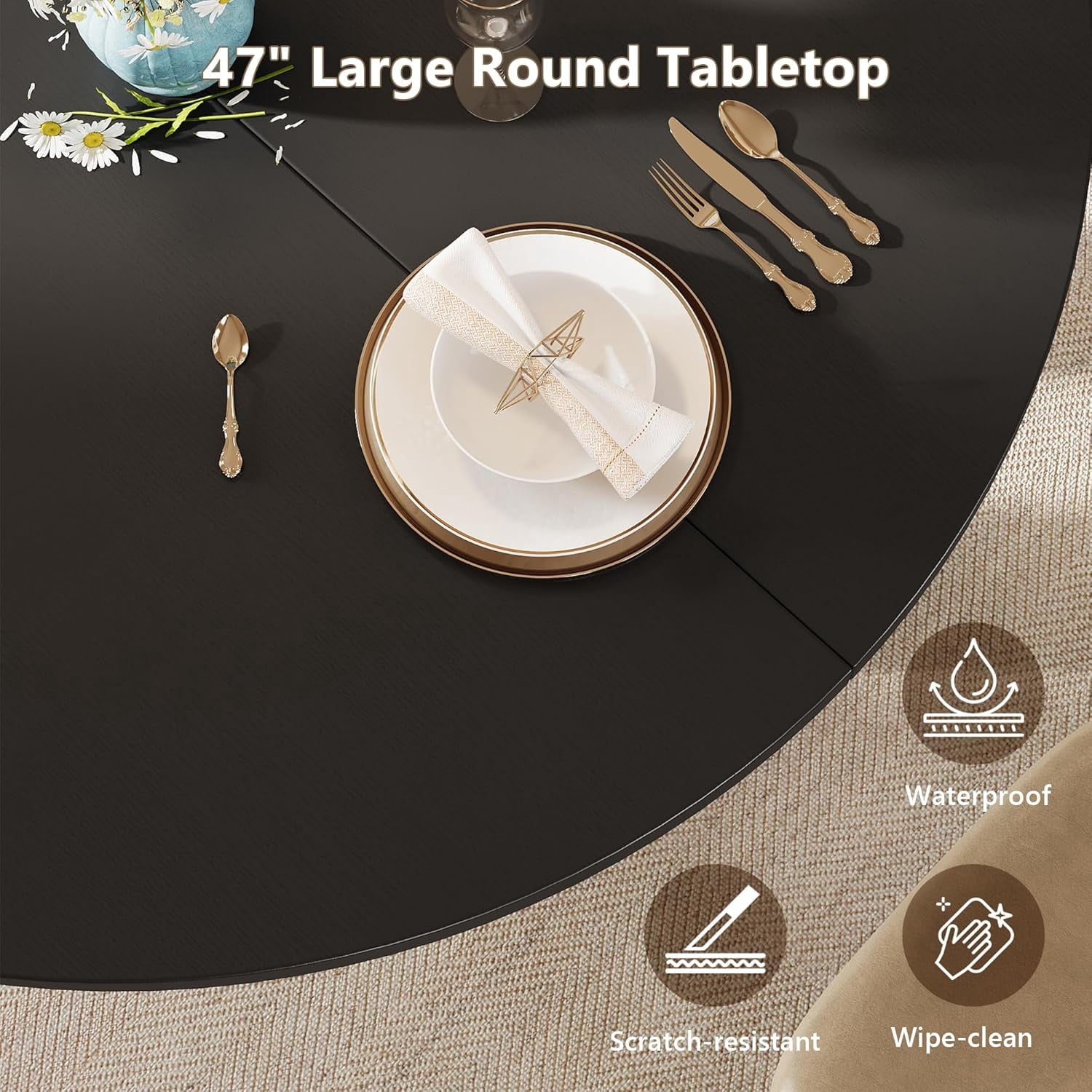 Laisnet 47 Round Dining Table for 4-6, Kitchen Table with Rounded Base for Dining Room Living Room, Black