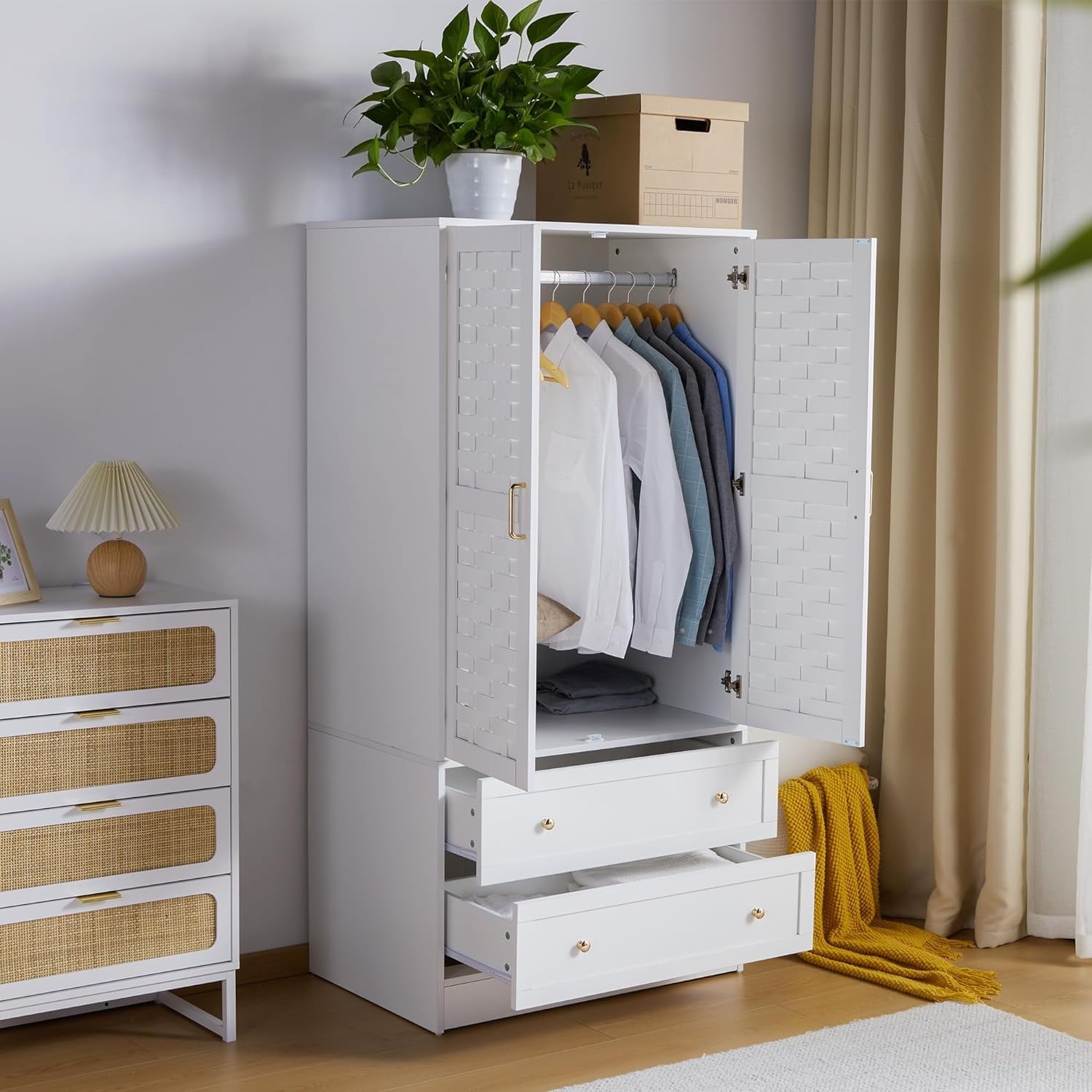 Wirrytor Freestanding Wooden Armoire Wardrobe with 2 Woven Doors and Storage Drawers, Space-Saving Closet Cabinet for Bedroom, Sturdy Mdf Board Closet with Hanging Rail