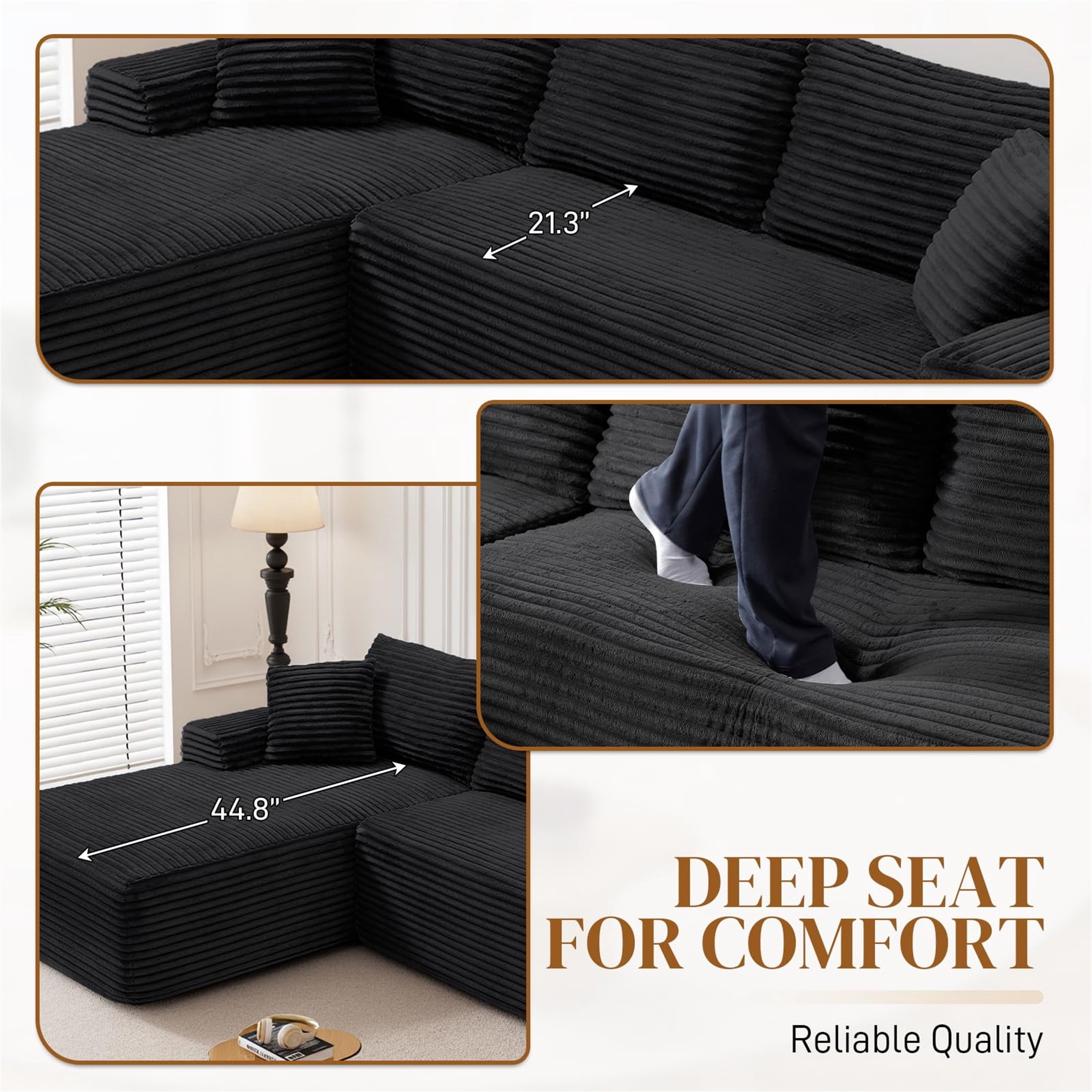 Aukfa 95 Cloud Sectional Sofa Deep Seat Boneless Couch Modular L-Shaped Couch, Left Chaise Corduroy Sofa for Living Room, Black