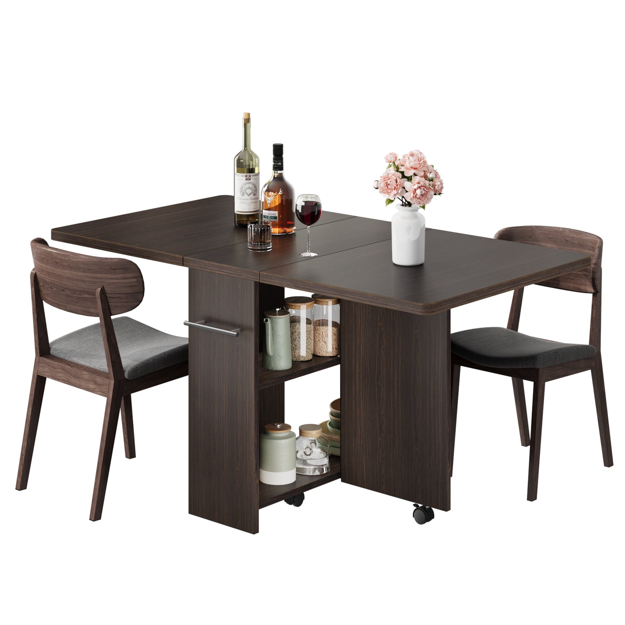 Folding Dining Table with 2 Tier Storage, Extendable Kitchen Table, Drop Leaf Table, Rectangle Dining Room Tables Set for 4, Space Saving Collapsible Expandable Dinner Kitchen Office Furniture
