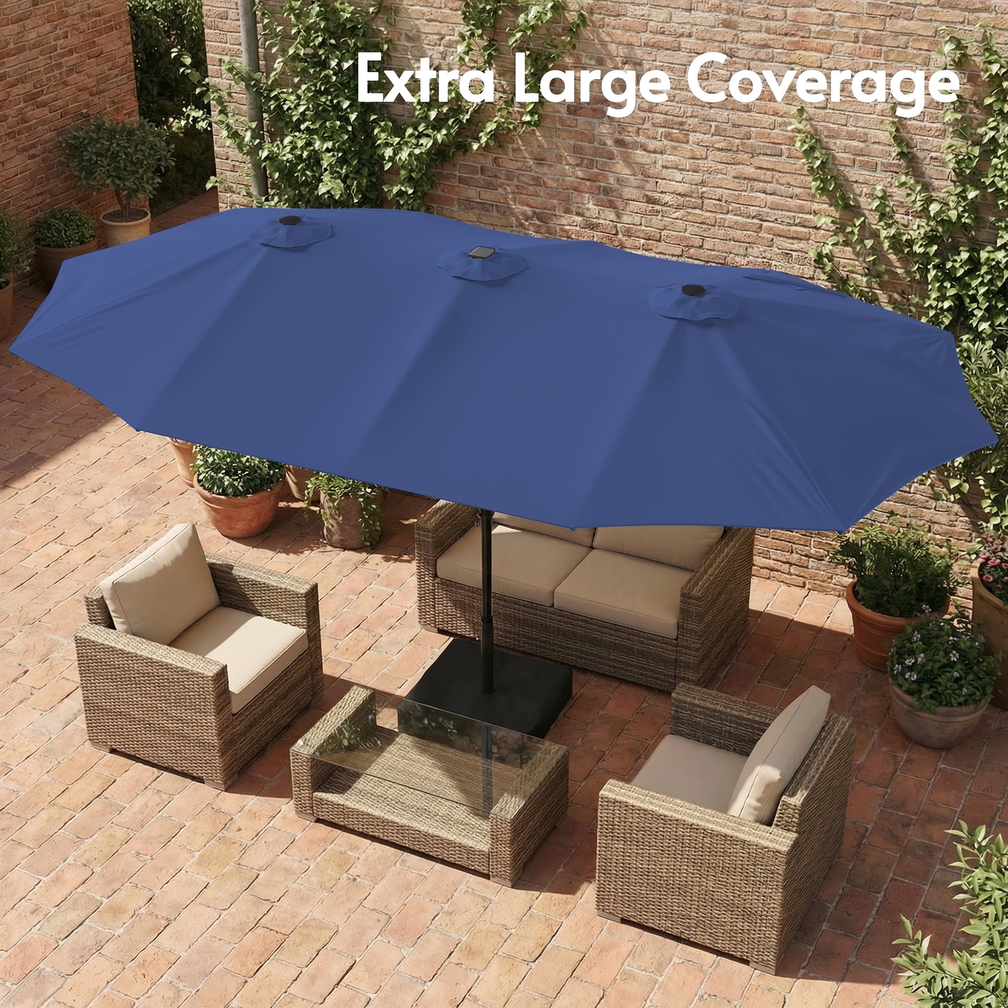 LAZZO 15ft Large Patio Umbrella with Base and Lights, Double-Sided Rectangular Outdoor Deck Umbrella, Tiki Style