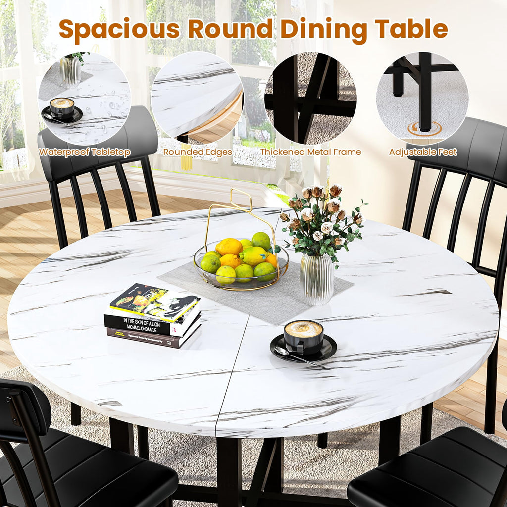 MOOSENG Round Dining Table Set for 4,Faux Marble Circle Dining Table Set with Chairs,Modern Kitchen Table and Chairs Set for 4,Round Dinner Table & Chair Set for Small Space