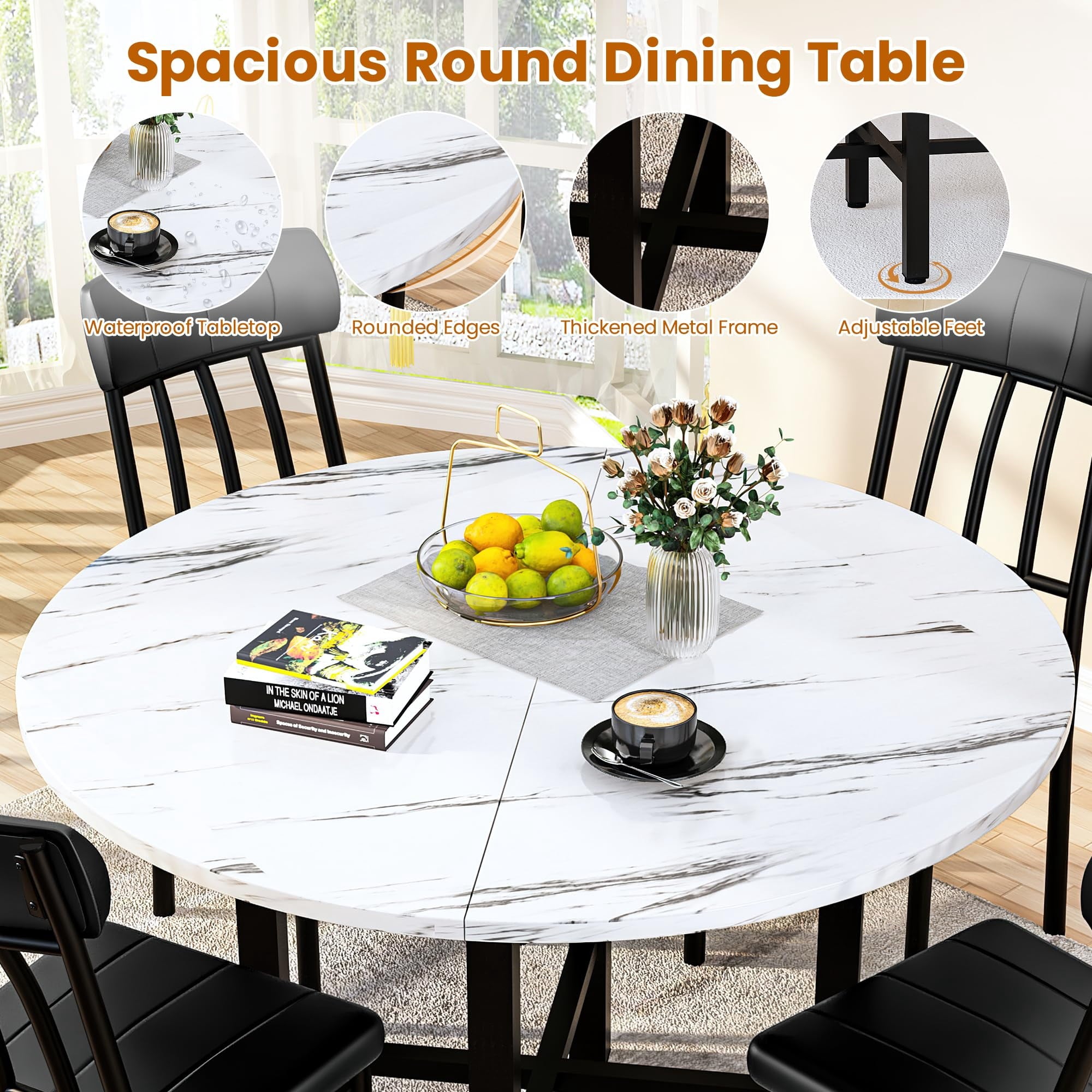 MOOSENG Round Dining Table Set for 4,Faux Marble Circle Dining Table Set with Chairs,Modern Kitchen Table and Chairs Set for 4,Round Dinner Table & Chair Set for Small Space